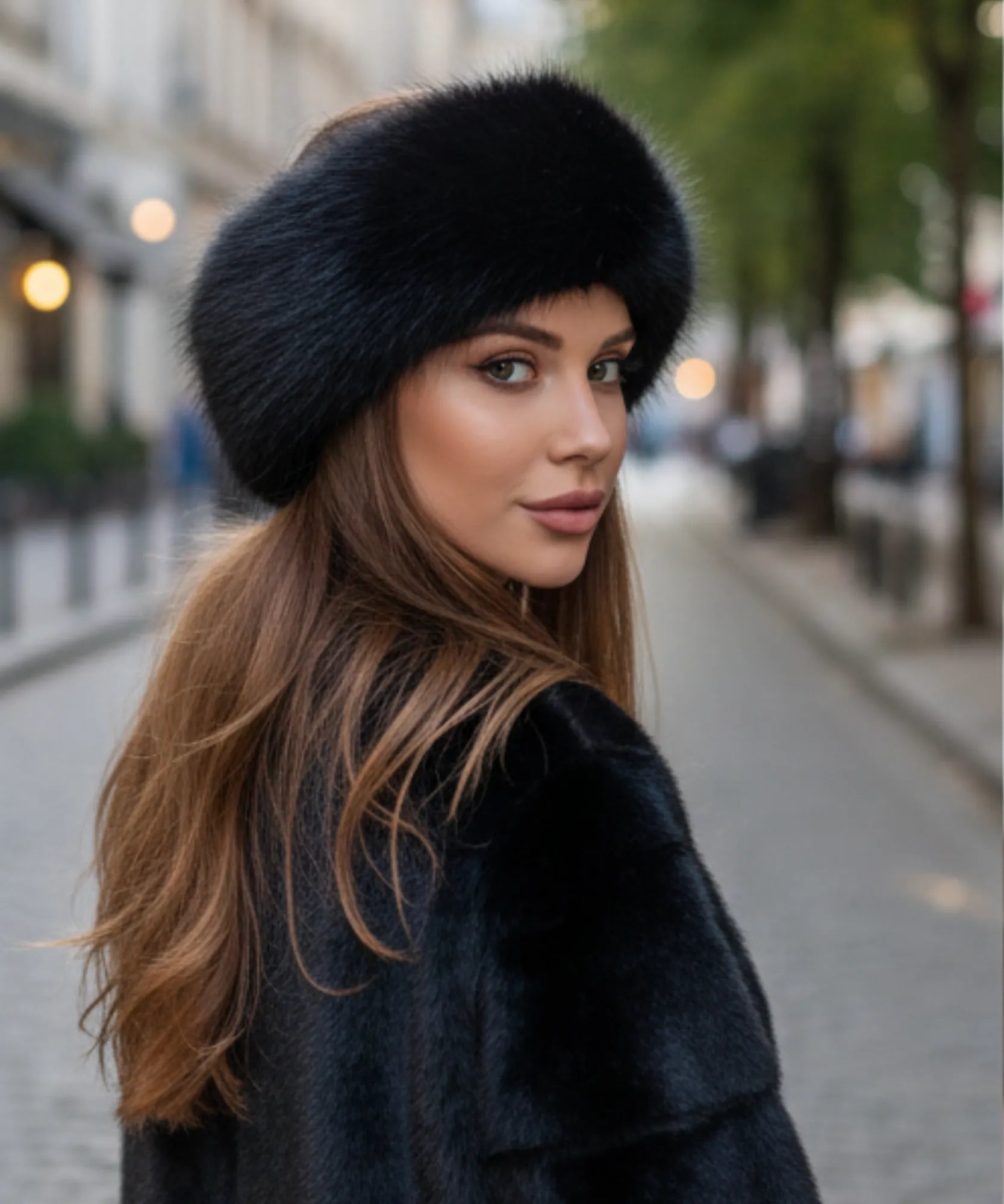Woman wearing a Women's Plush Fur Hat in Black with a wide Russian-style band