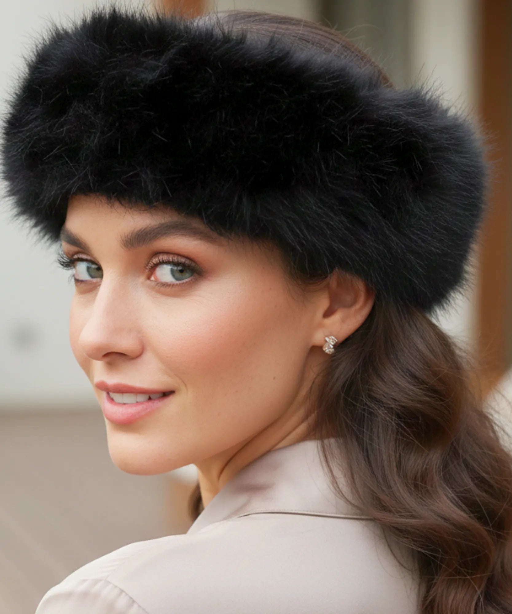 Women's Plush Fur Hat in Black with a wide Russian-style band, close-up view