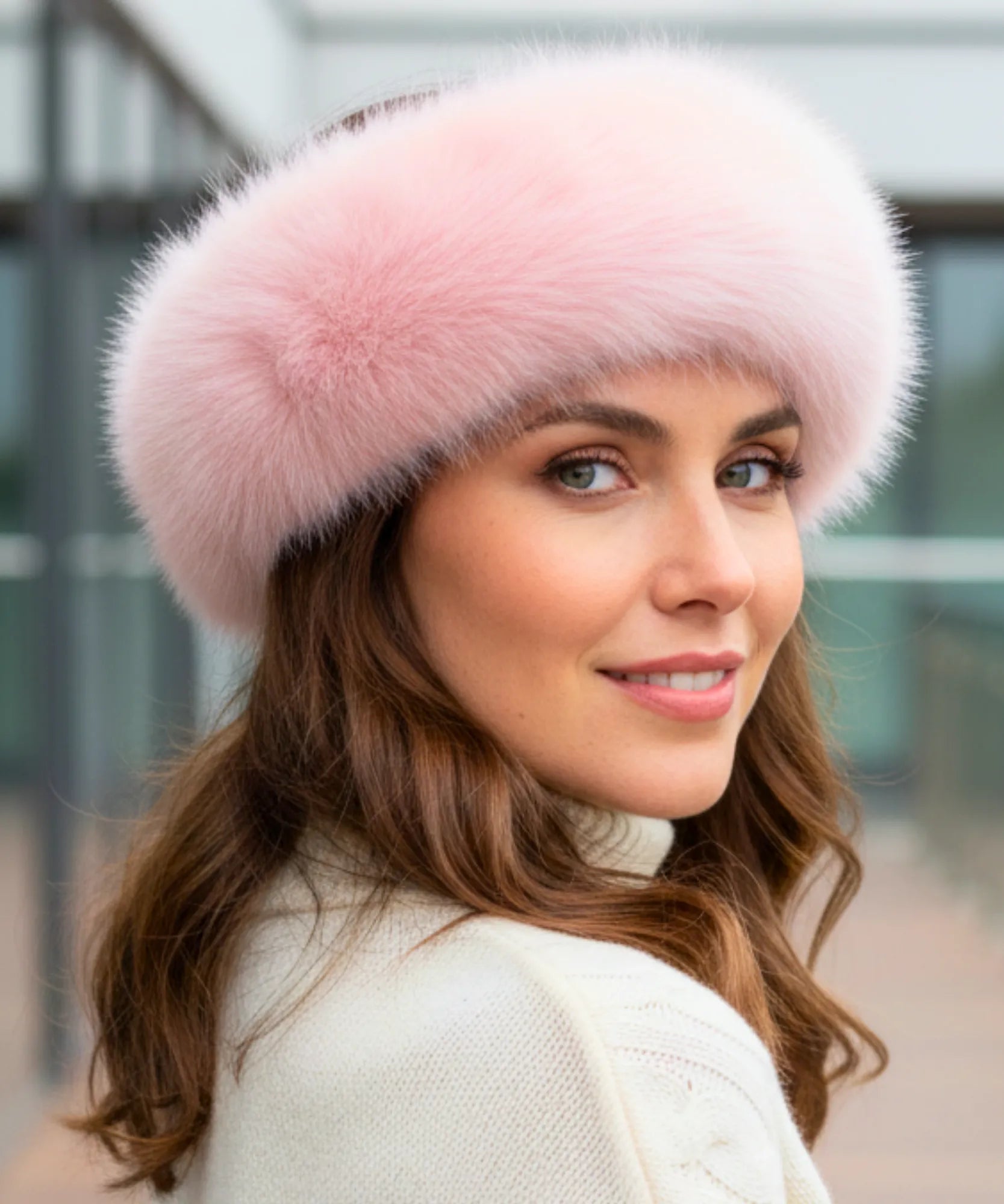 Women's Plush Fur Hat in Blush Pink with a wide Russian-style band