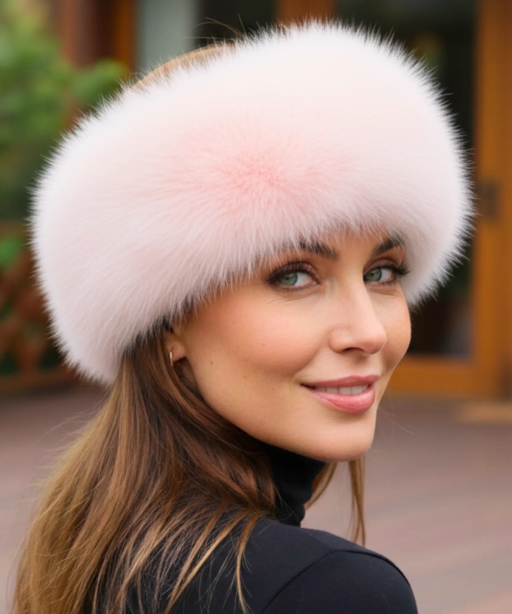 Women's Plush Fur Hat in Blush Pink with a wide Russian-style band, alternate view
