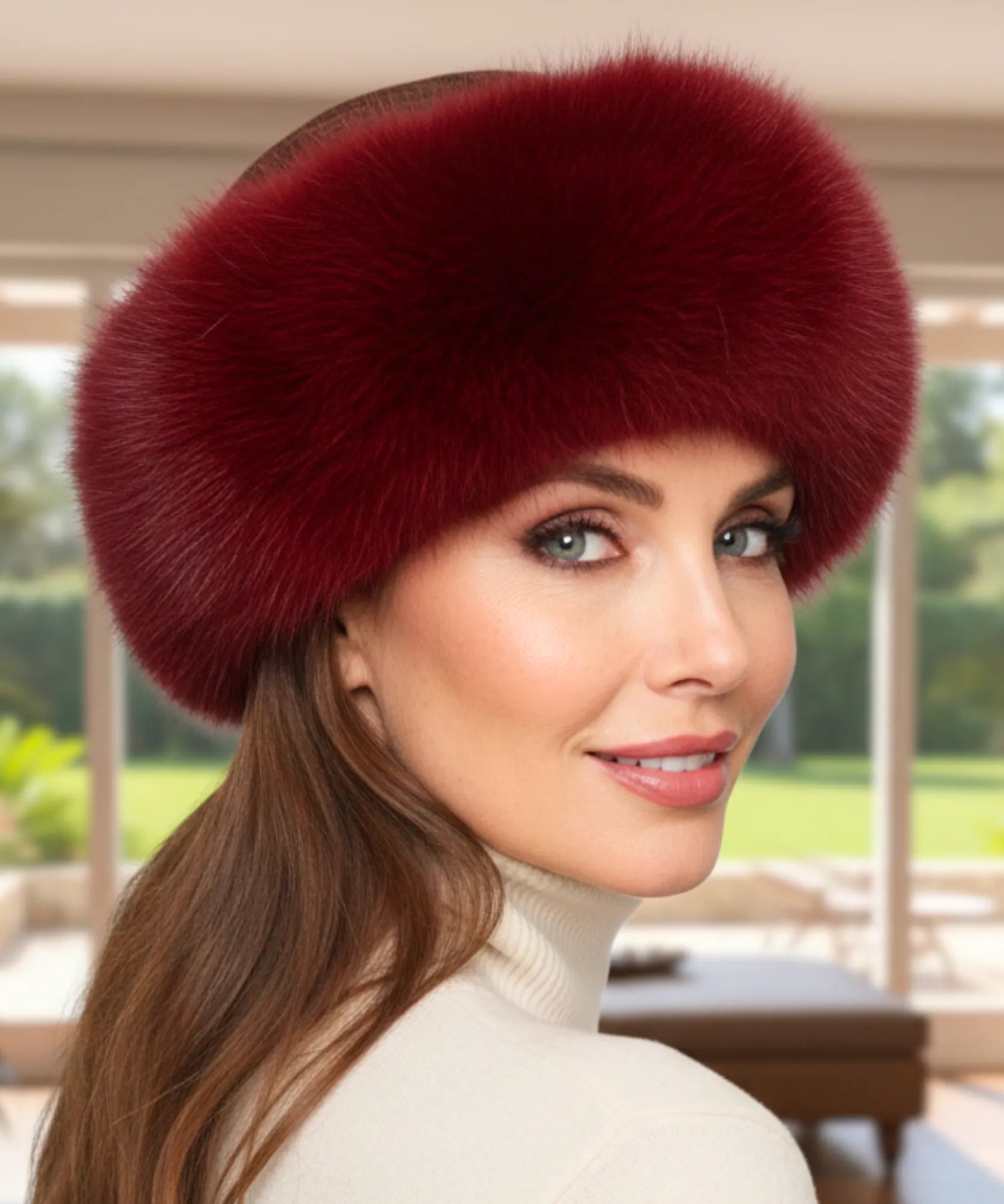 Women's Plush Fur Hat in Burgundy with a wide Russian-style band
