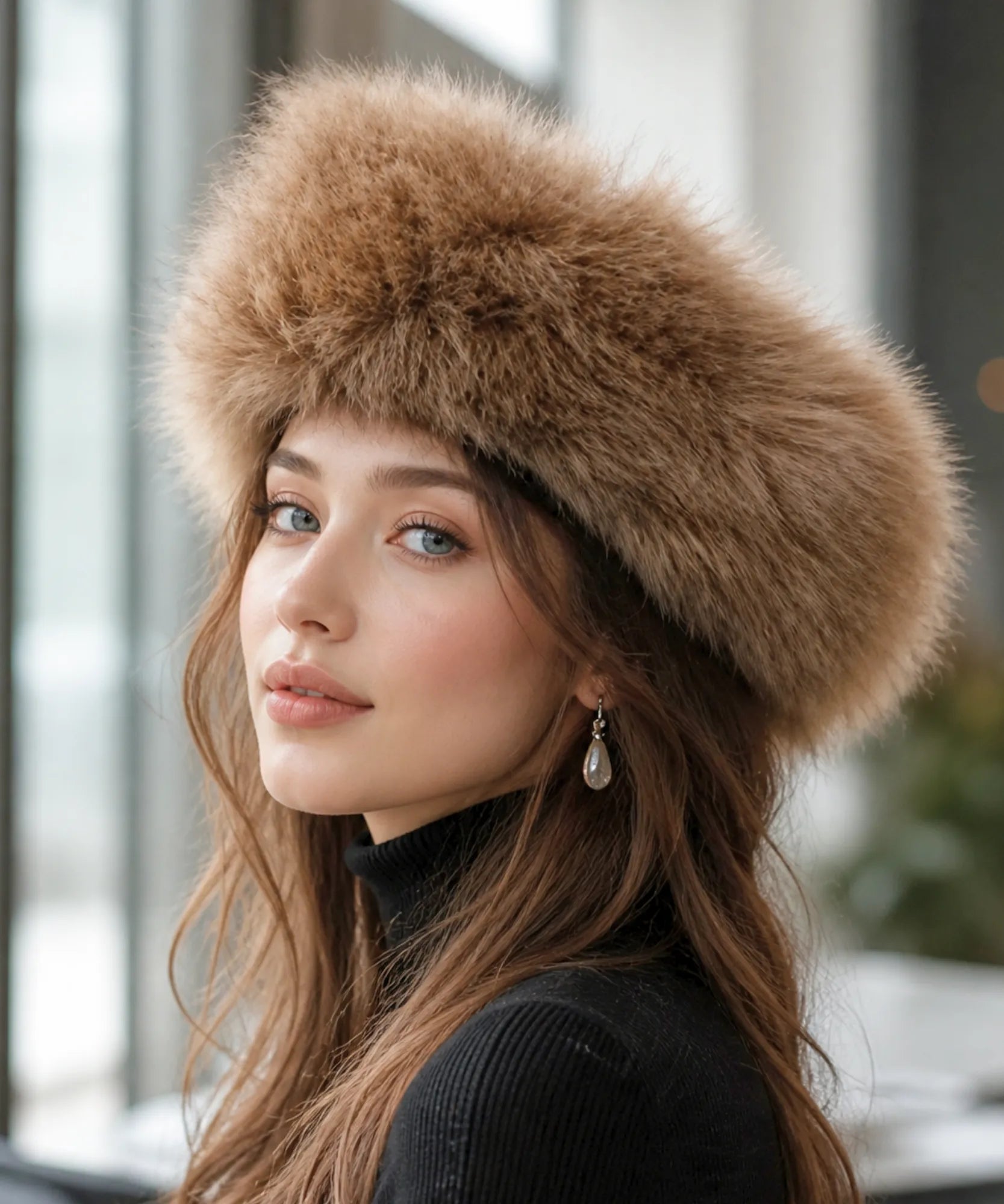 Camel Women's Plush Fur Hat with a wide Russian-style band, close-up front view