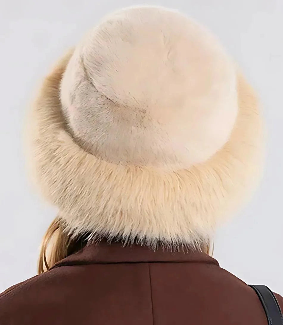 Ivory fur hat with a flannel lining, front view