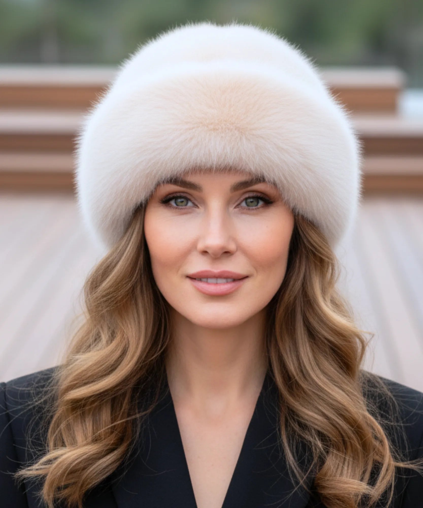 Woman wearing an Ivory fur hat with a flannel lining