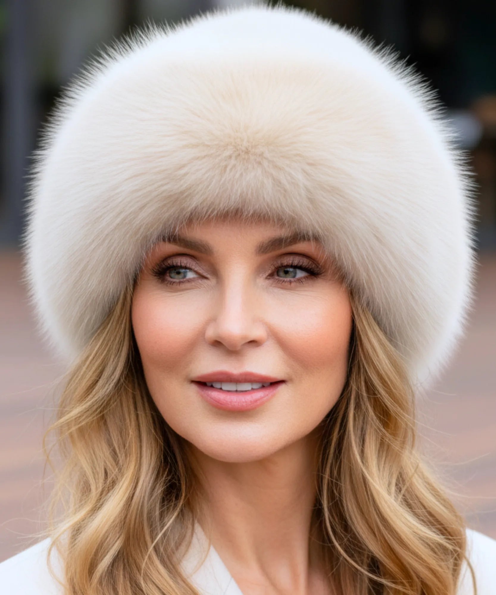 Ivory fur hat with a flannel lining, close-up view