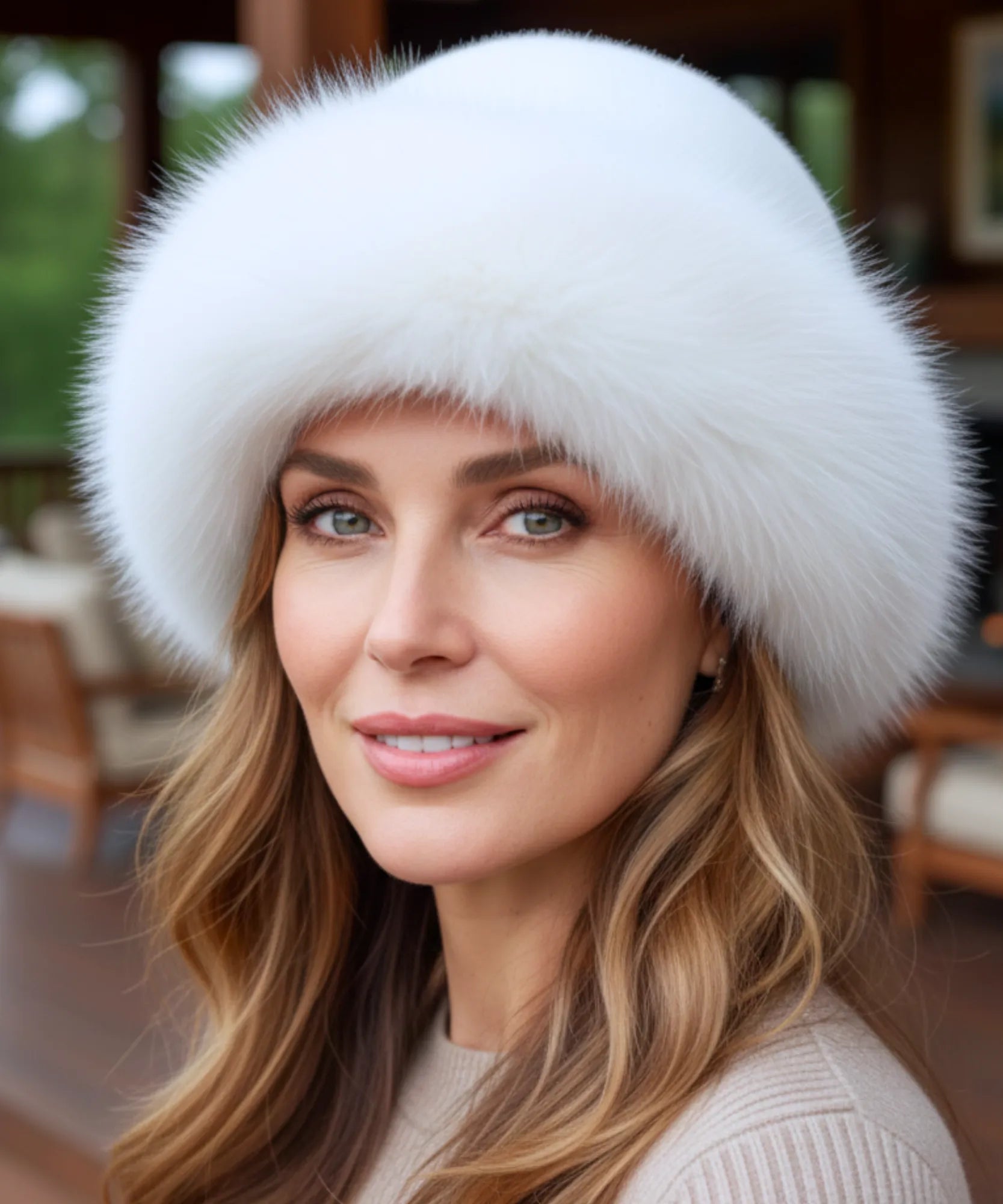 White fur hat with a flannel lining, alternate view