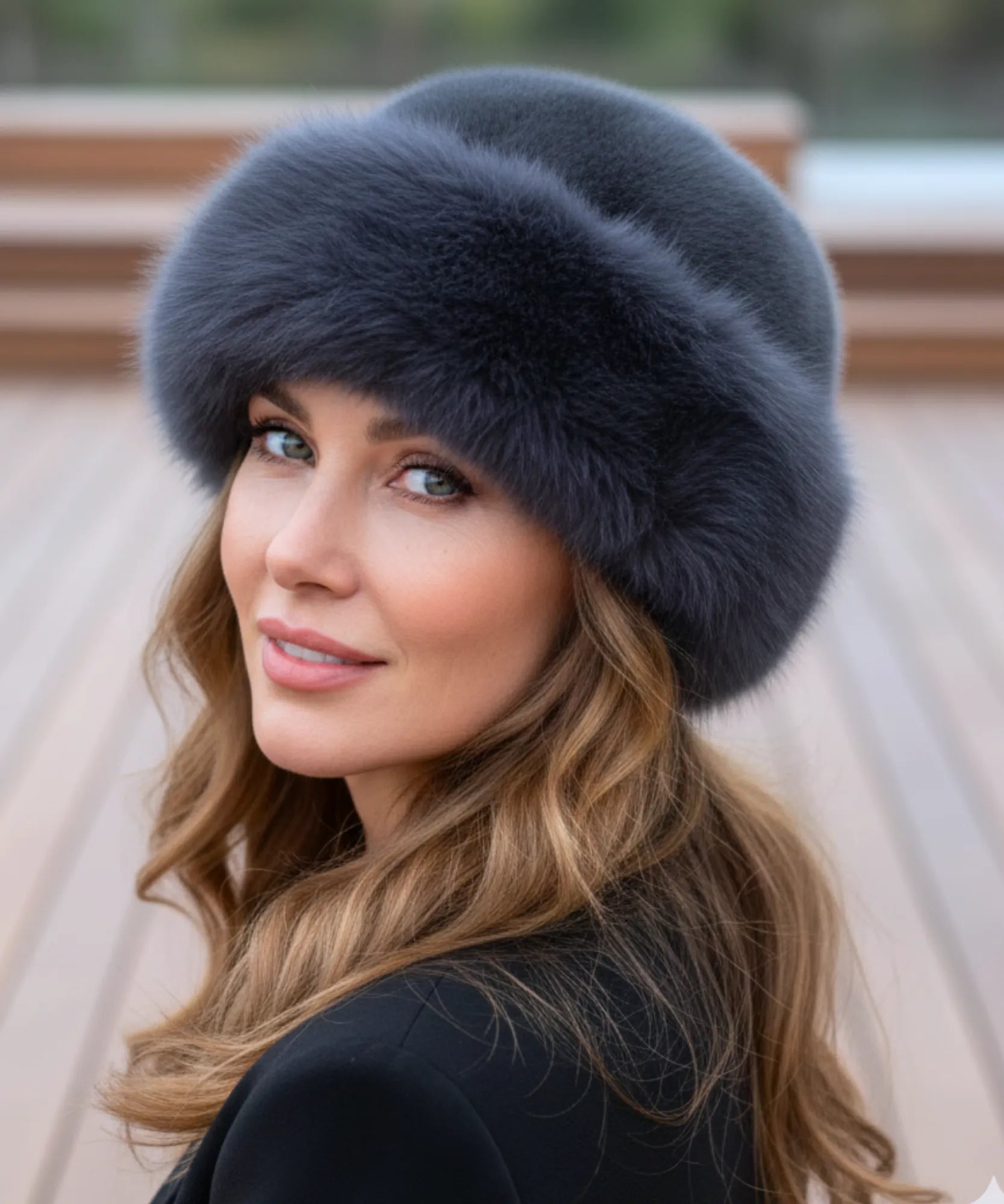 Woman wearing a Charcoal fur hat with a flannel lining