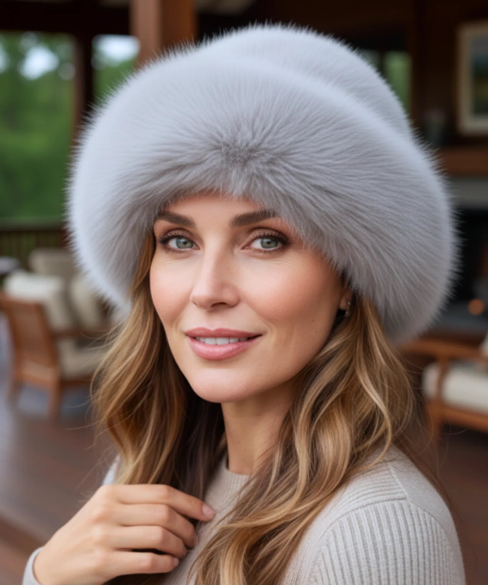Woman wearing a Silver fur hat with a flannel lining