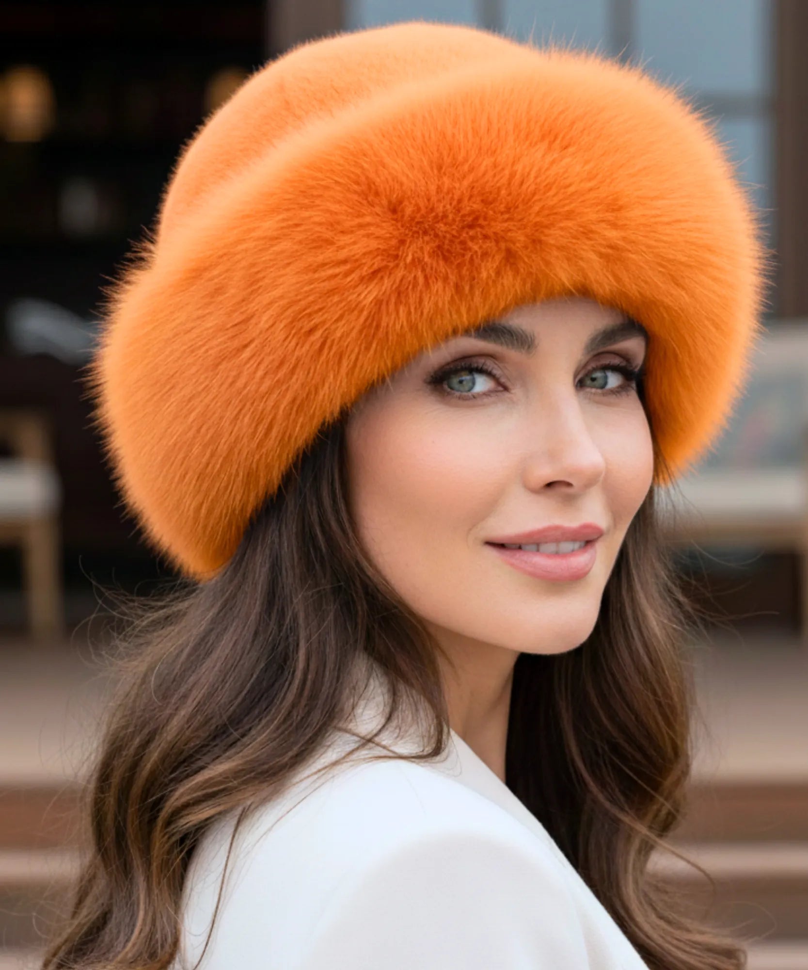 Woman wearing an Orange fur hat with a flannel lining