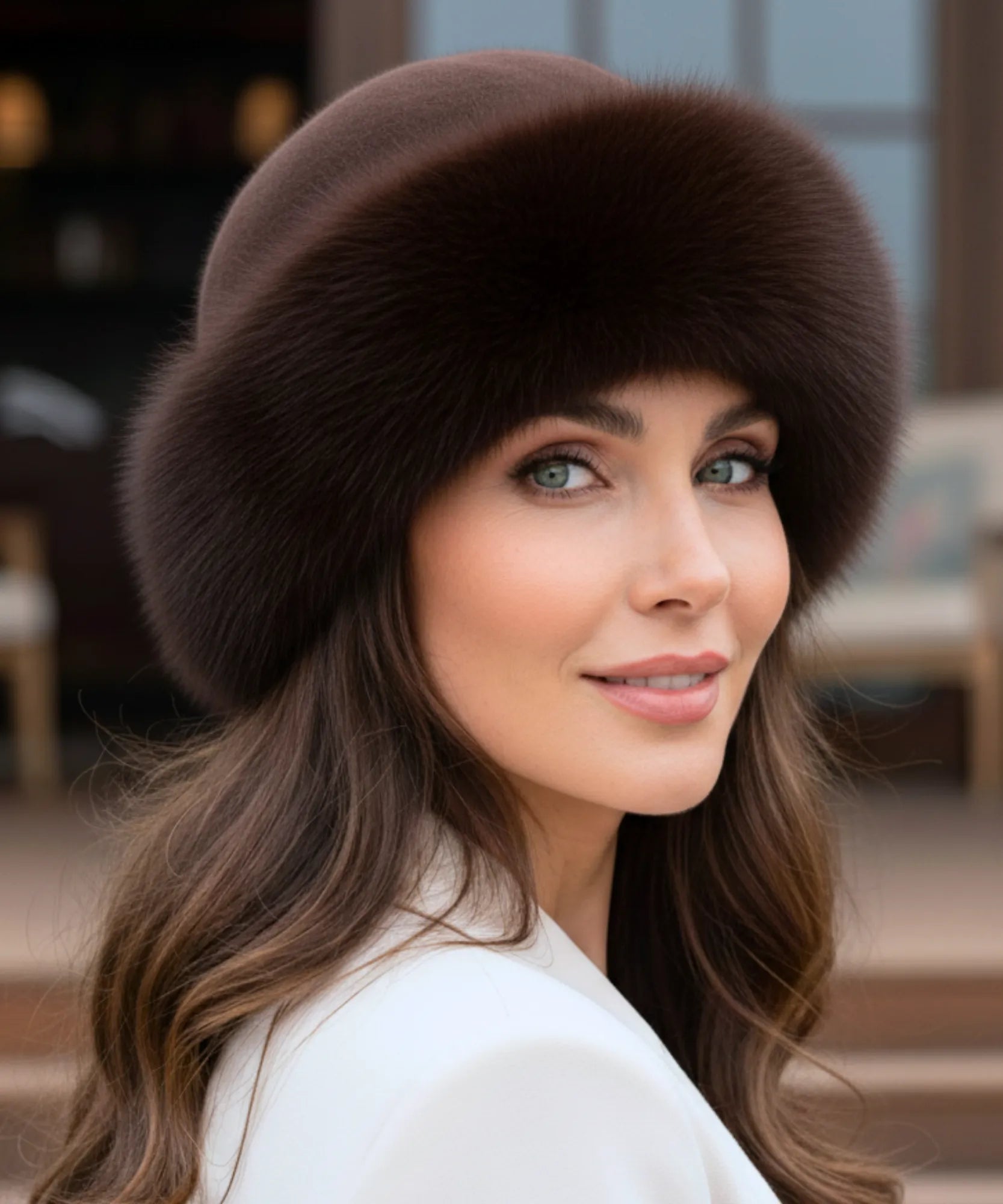 Woman wearing a Dark Brown fur hat with a flannel lining
