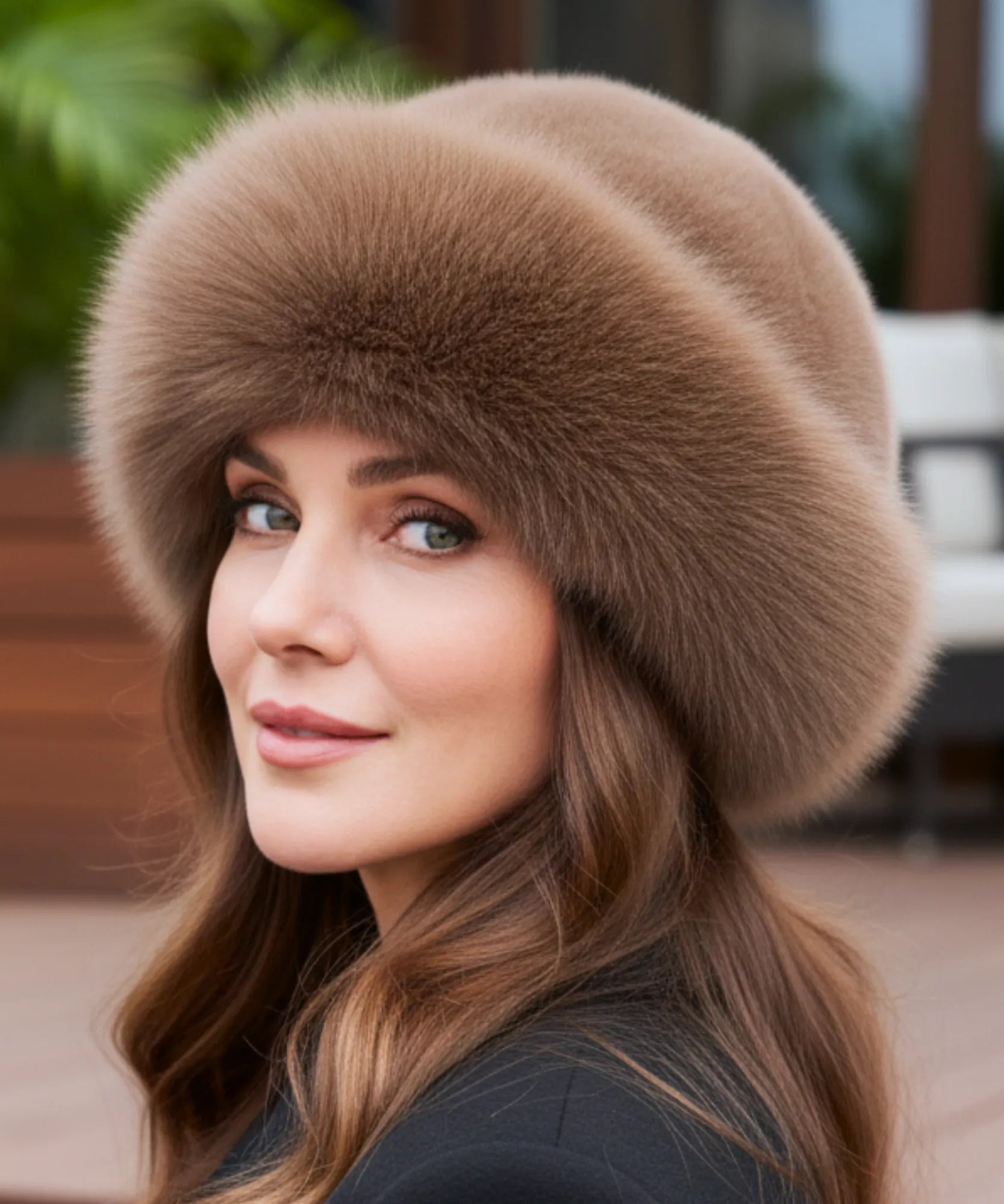 Woman wearing a Dark Brown fur hat with a flannel lining, alternate view