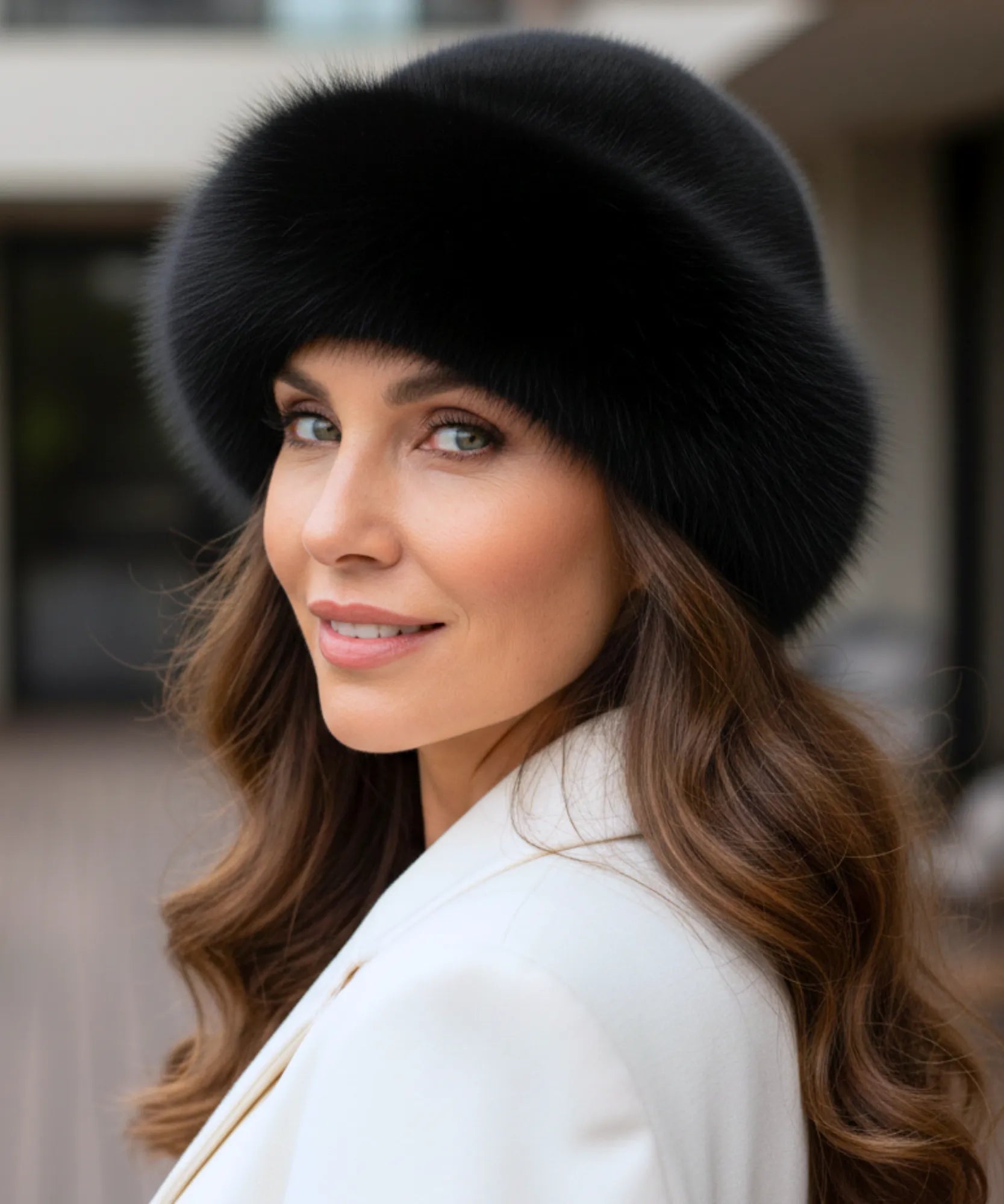 Woman wearing a Black fur hat with a flannel lining
