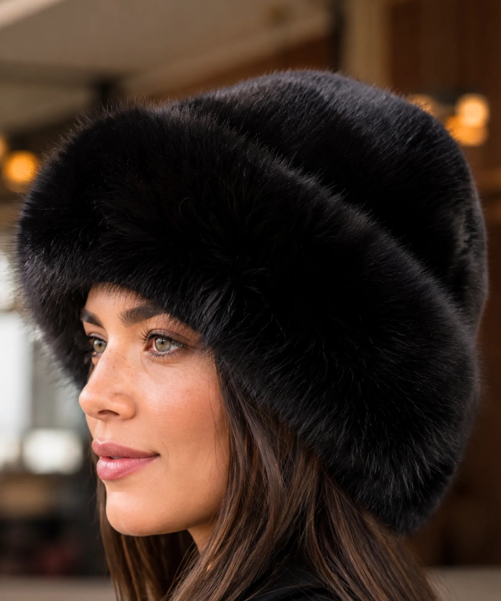 Woman wearing a Black fur hat with a flannel lining, alternate view