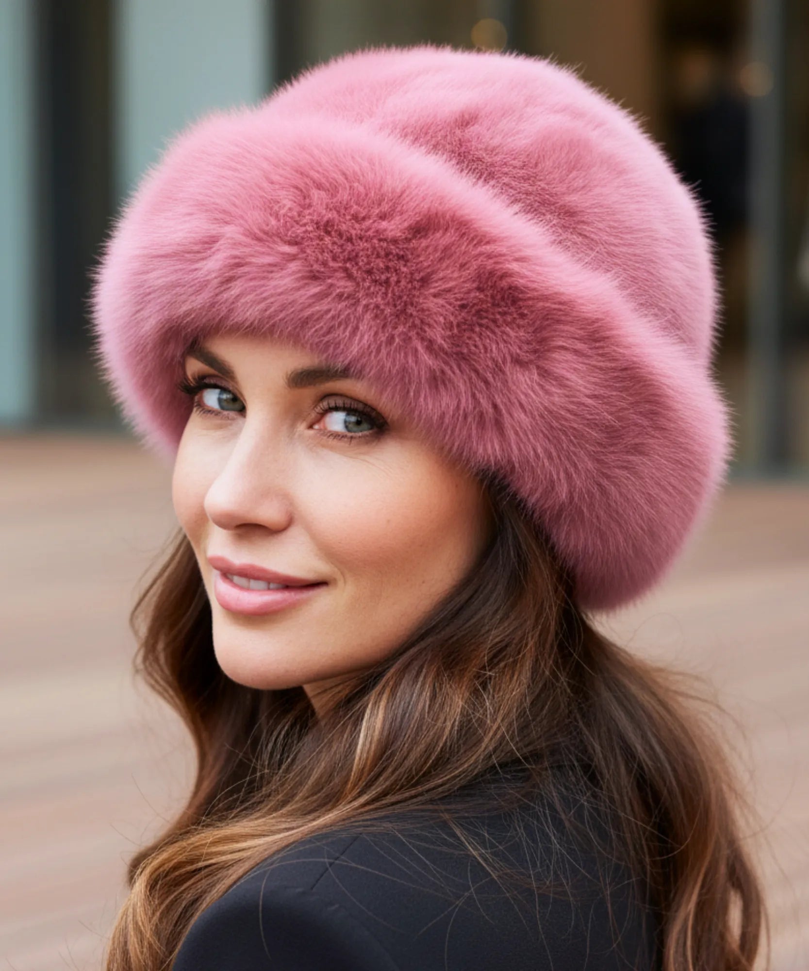 Woman wearing a Dusty Rose fur hat with a flannel lining, front view