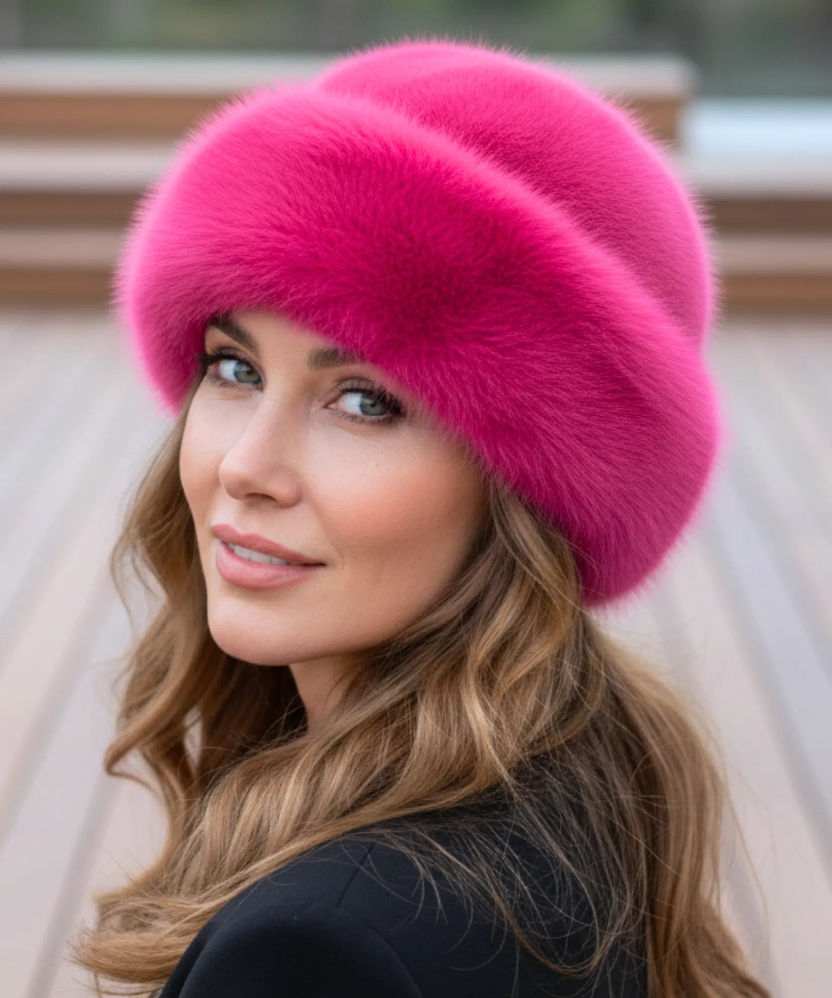 Woman wearing a Hot Pink fur hat with a flannel lining