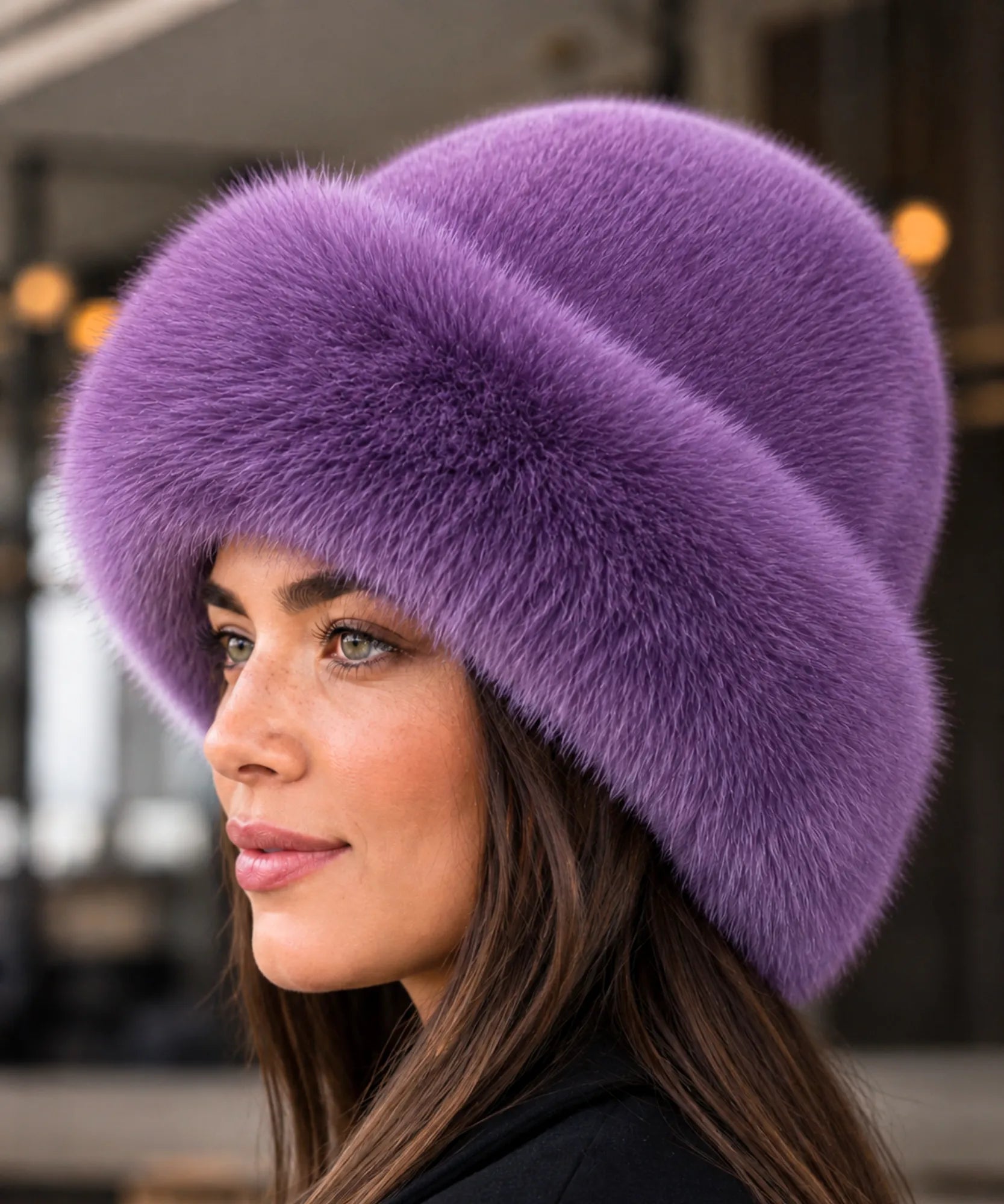 Woman wearing a Violet fur hat with a flannel lining