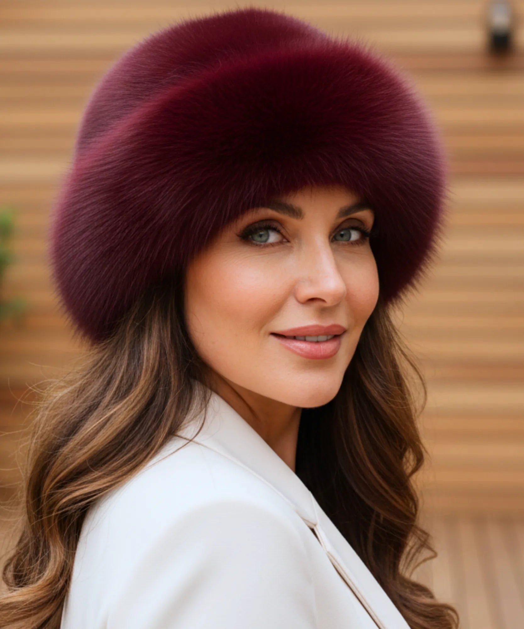 Woman wearing a Burgundy fur hat with a flannel lining