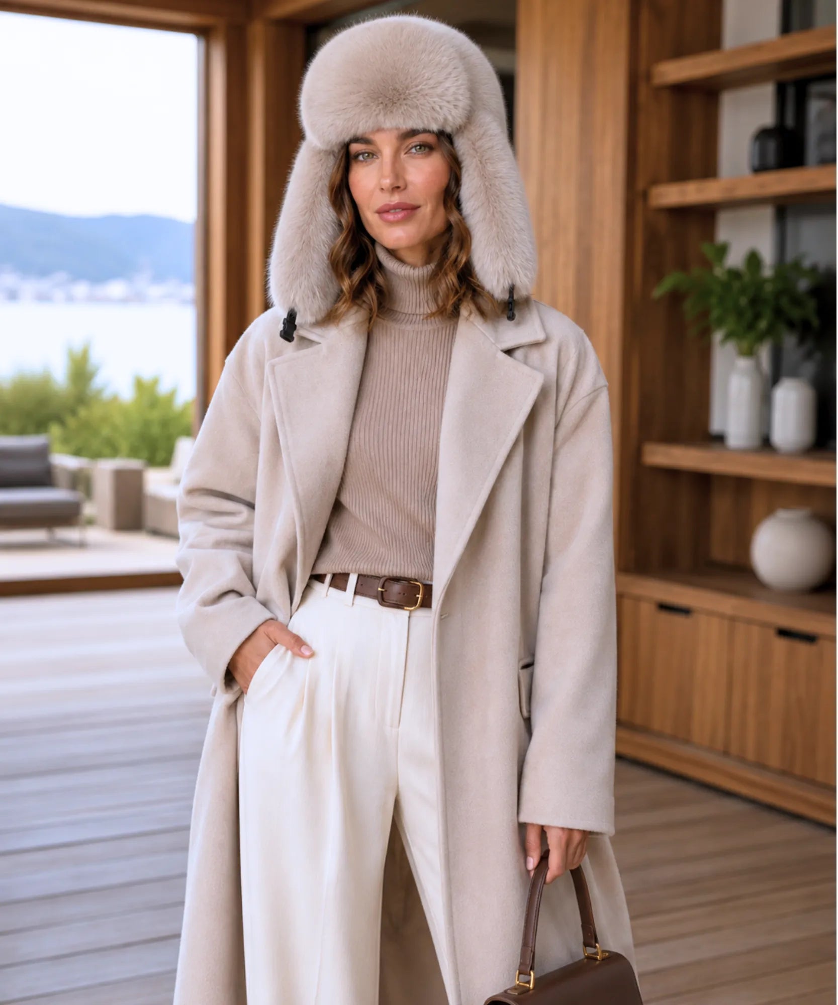 Women's fur trapper hat in ivory with voluminous side flaps