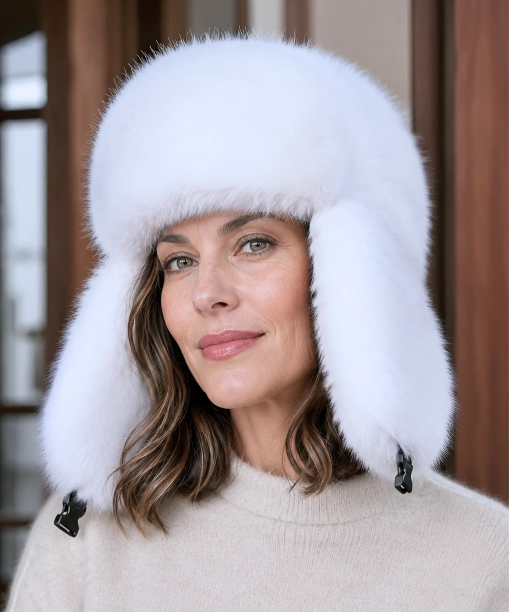 Women's fur trapper hat in white with side flaps
