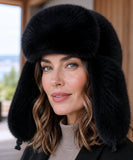 Women's fur trapper hat in black