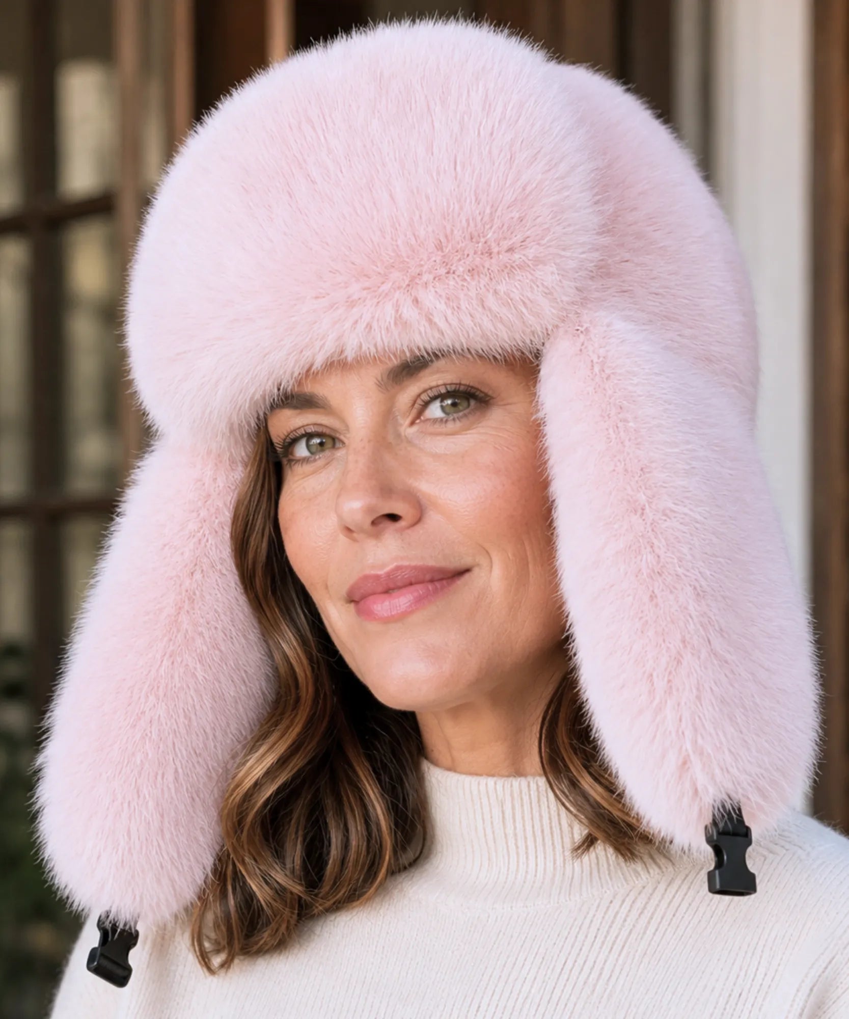 Women's fur trapper hat in blush pink
