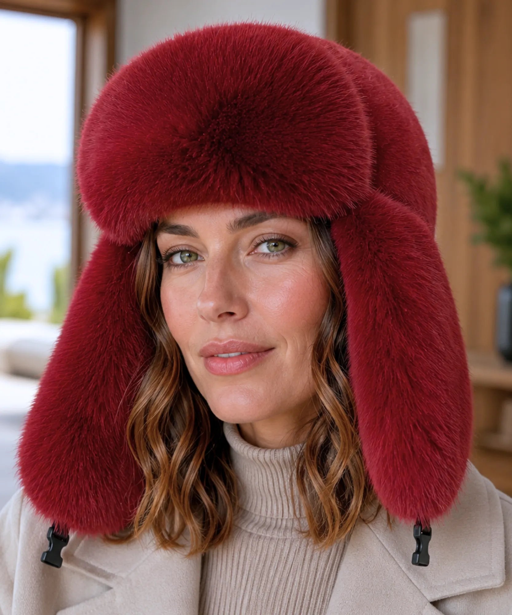 Women's fur trapper hat in burgundy