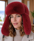 Women's fur trapper hat in burgundy
