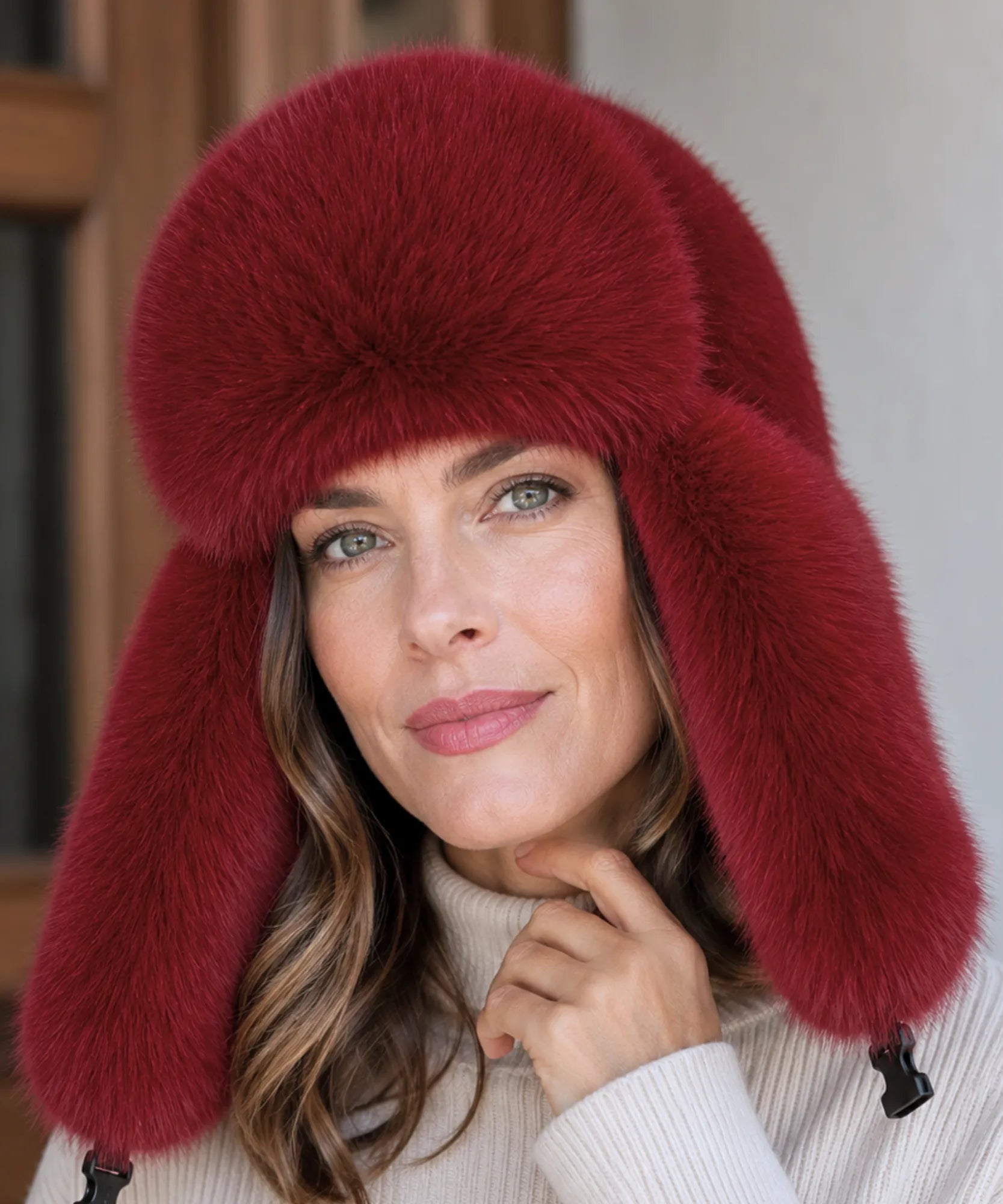 Women's fur trapper hat in burgundy, alternate angle