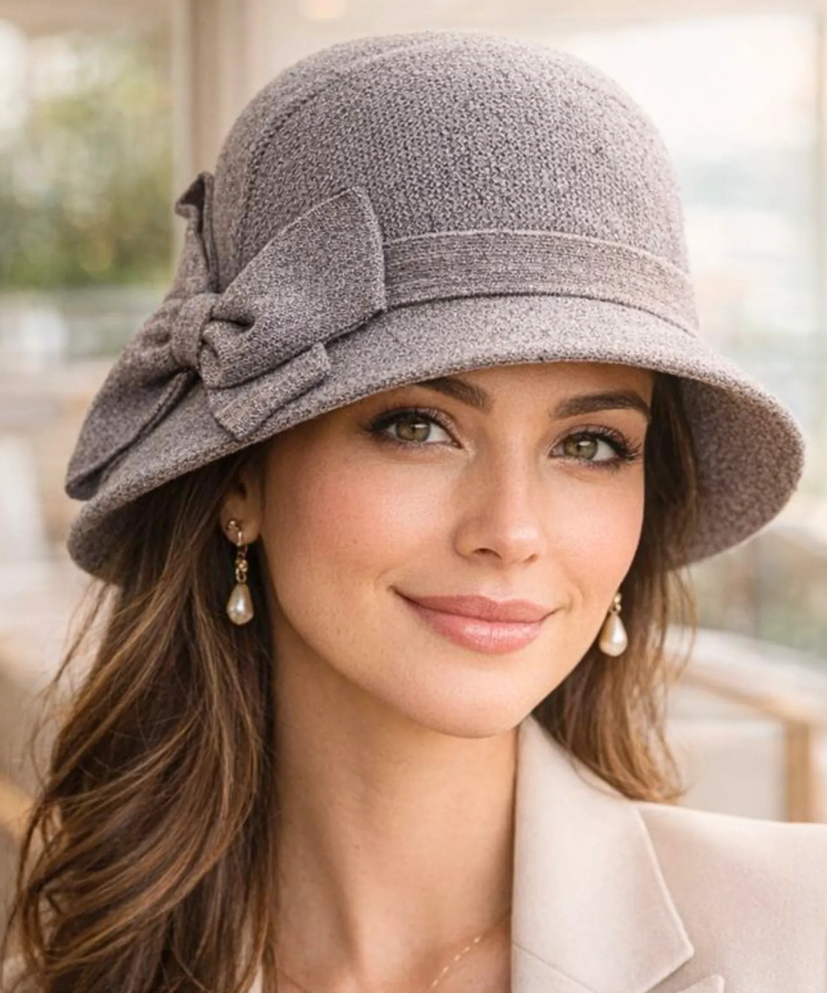 Women's vintage cloche hat in grey with a side bow