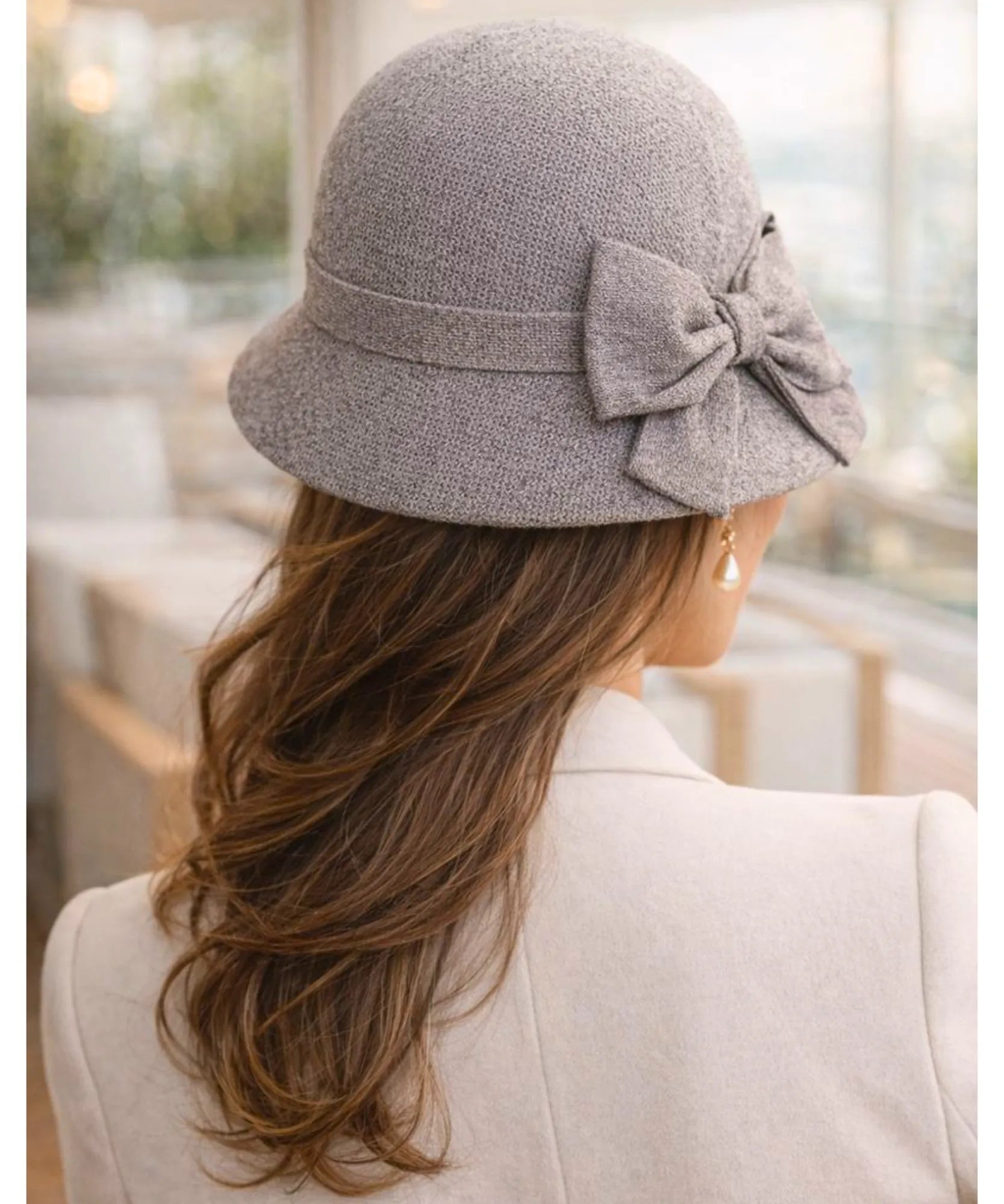 Women's vintage cloche hat in grey, side view