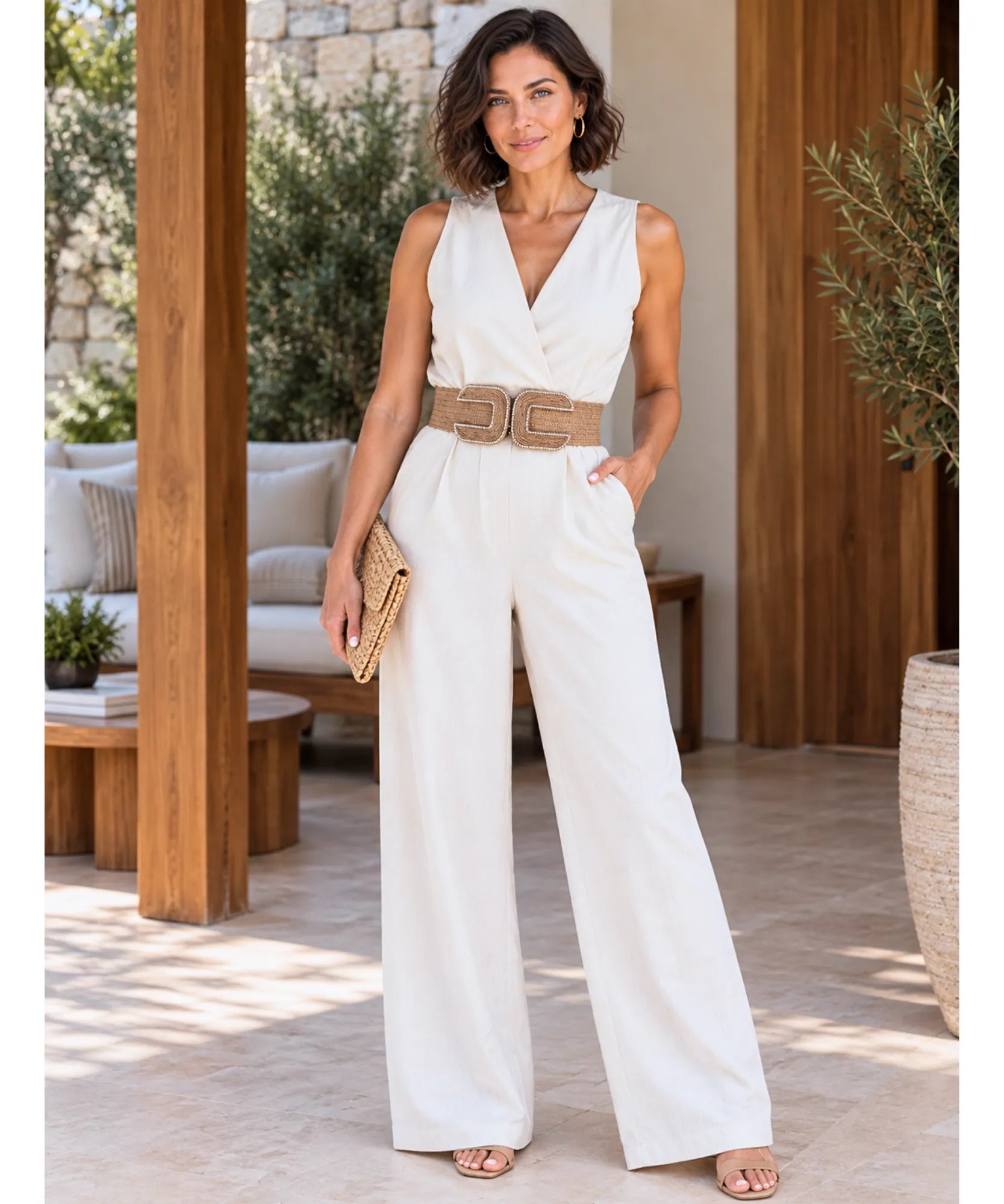 Women's wide boho belt styled with a white jumpsuit