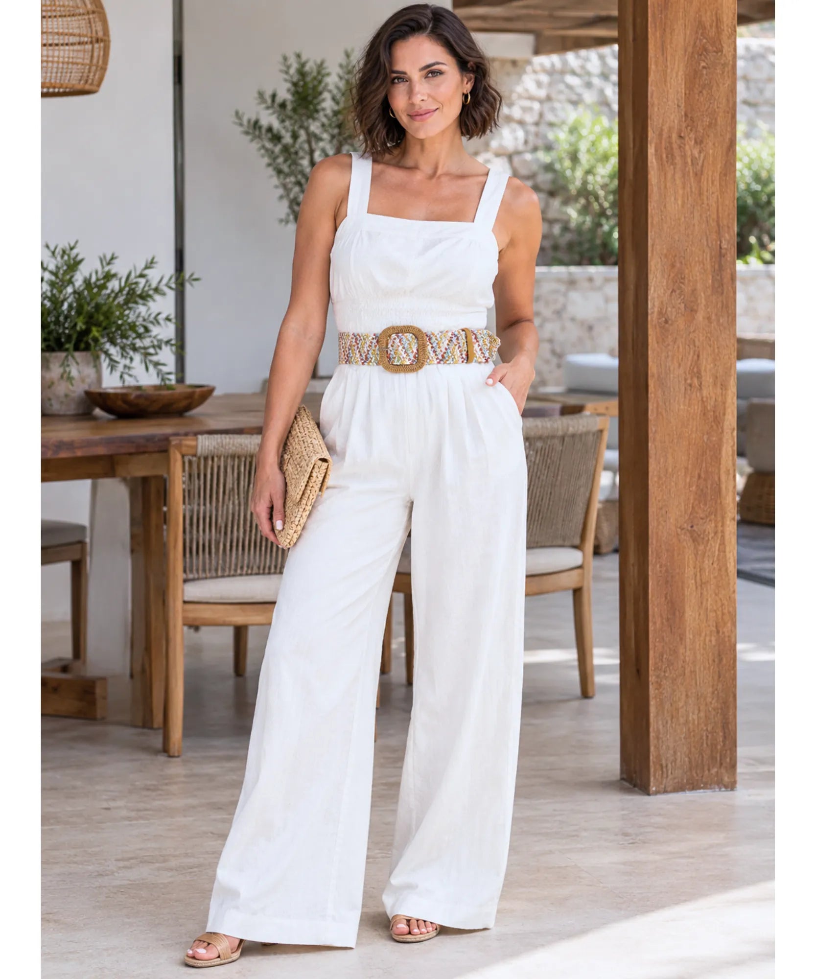 Women's wide boho belt styled with white wide-leg pants