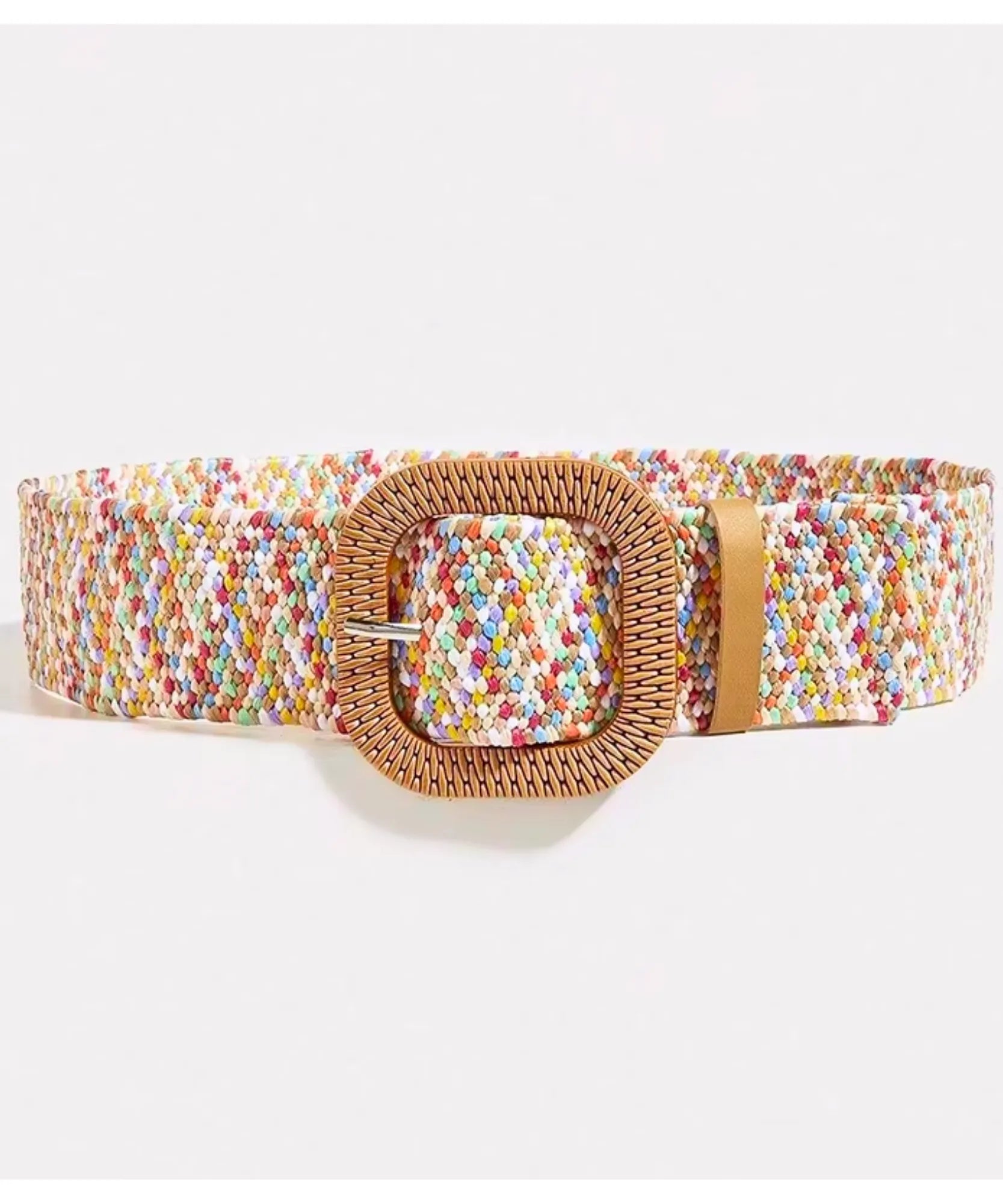 Women's multicolor boho belt with square buckle laid flat