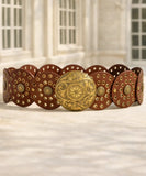 Women's brown concho belt with engraved gold buckle and studded medallions