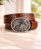 Women's cowgirl belt in embossed brown vegan leather with silver oval western buckle