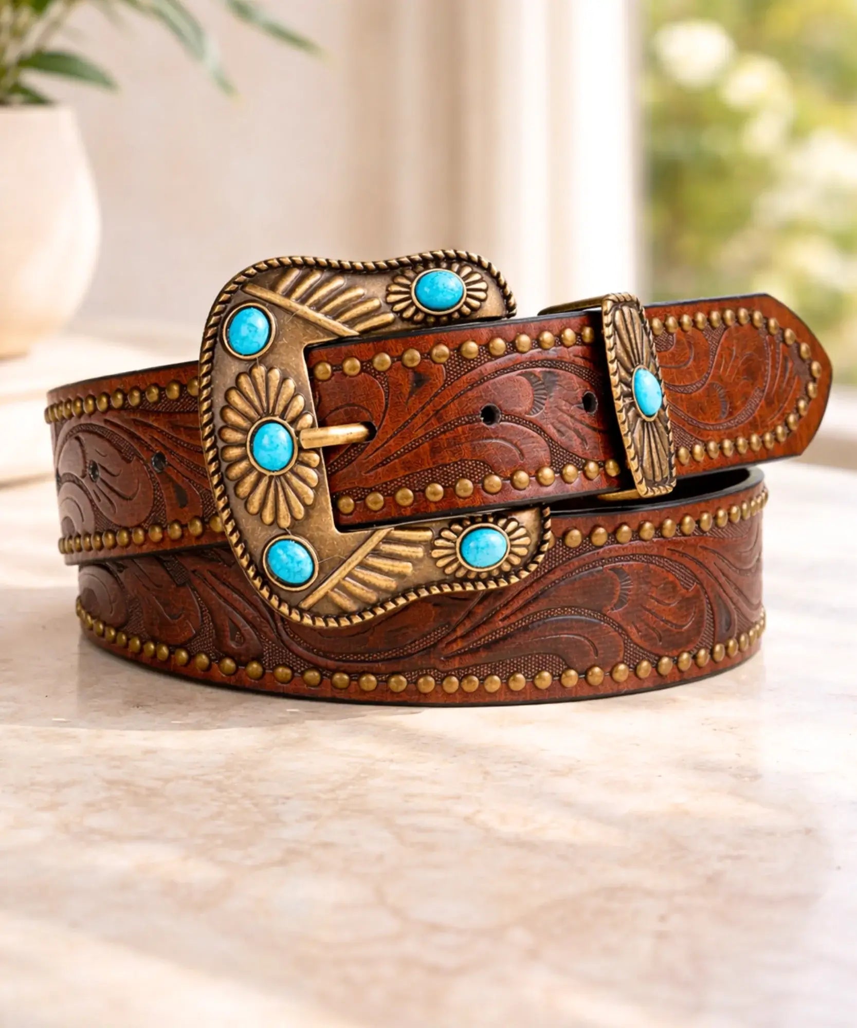 Women's cowgirl belt in embossed brown vegan leather with turquoise western buckle