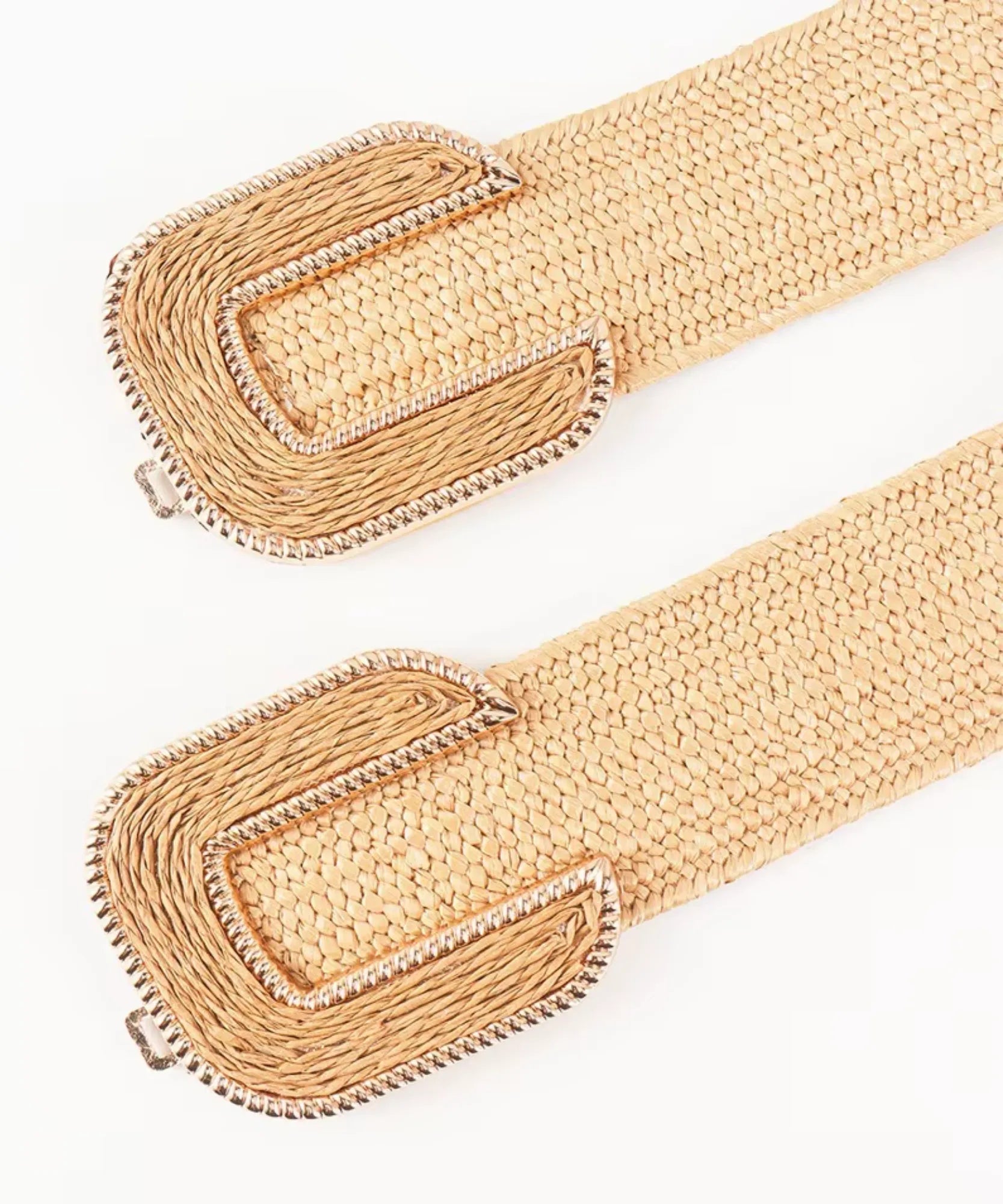 Women's wide elastic belt in beige with double buckle, close up