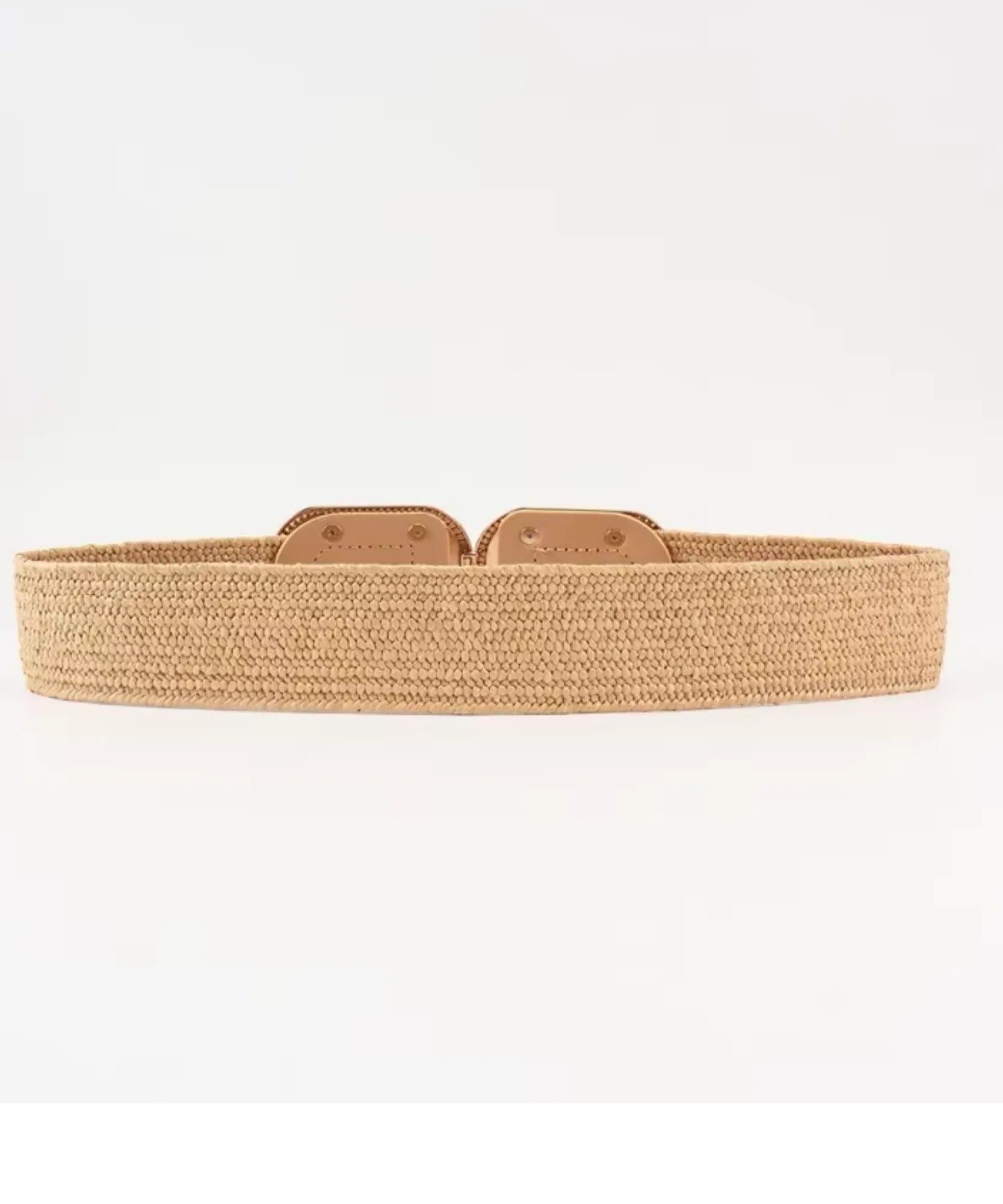 Women's wide adjustable elastic belt in beige on a white outfit