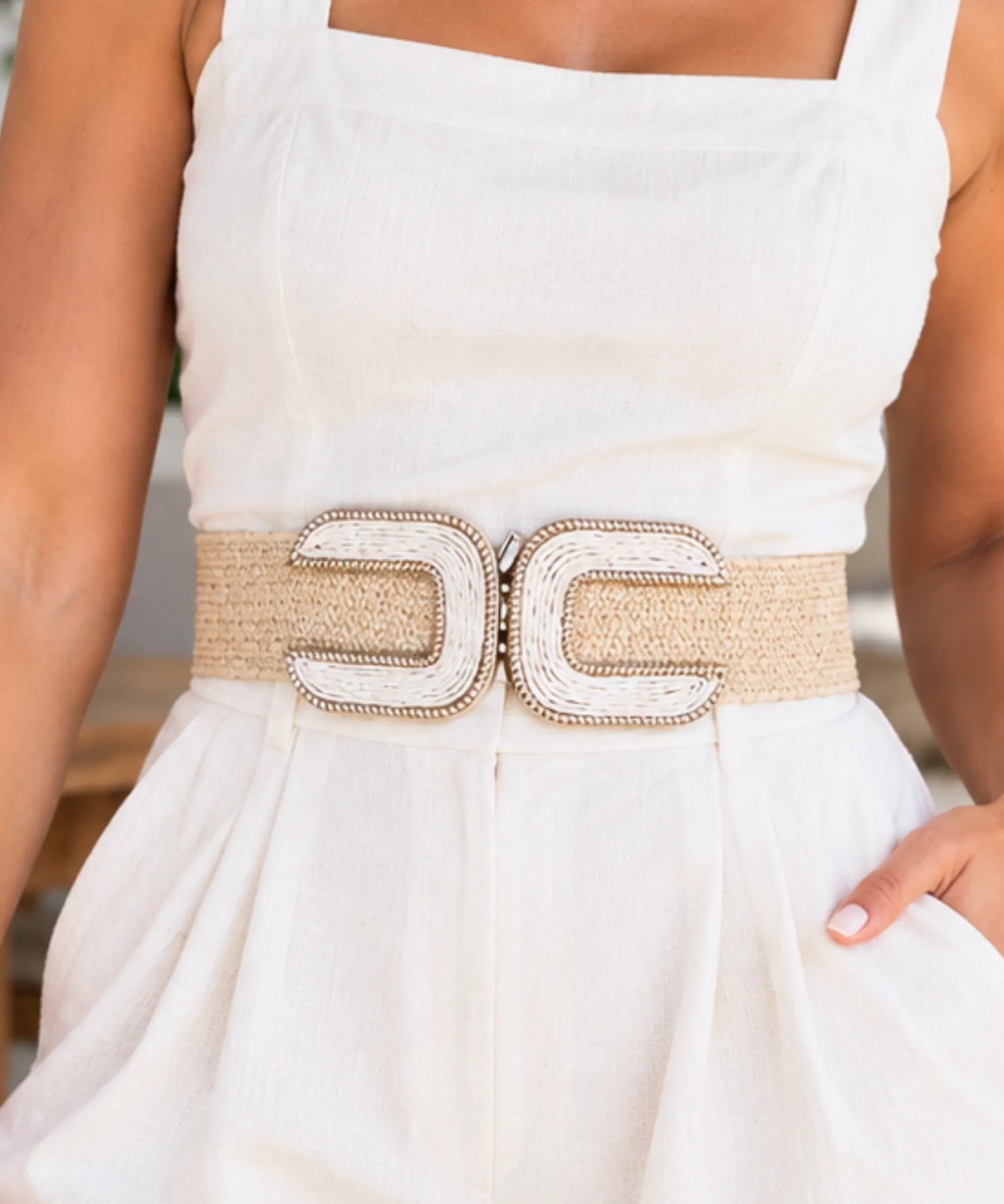 Women's wide elastic belt in beige and ivory with double buckle