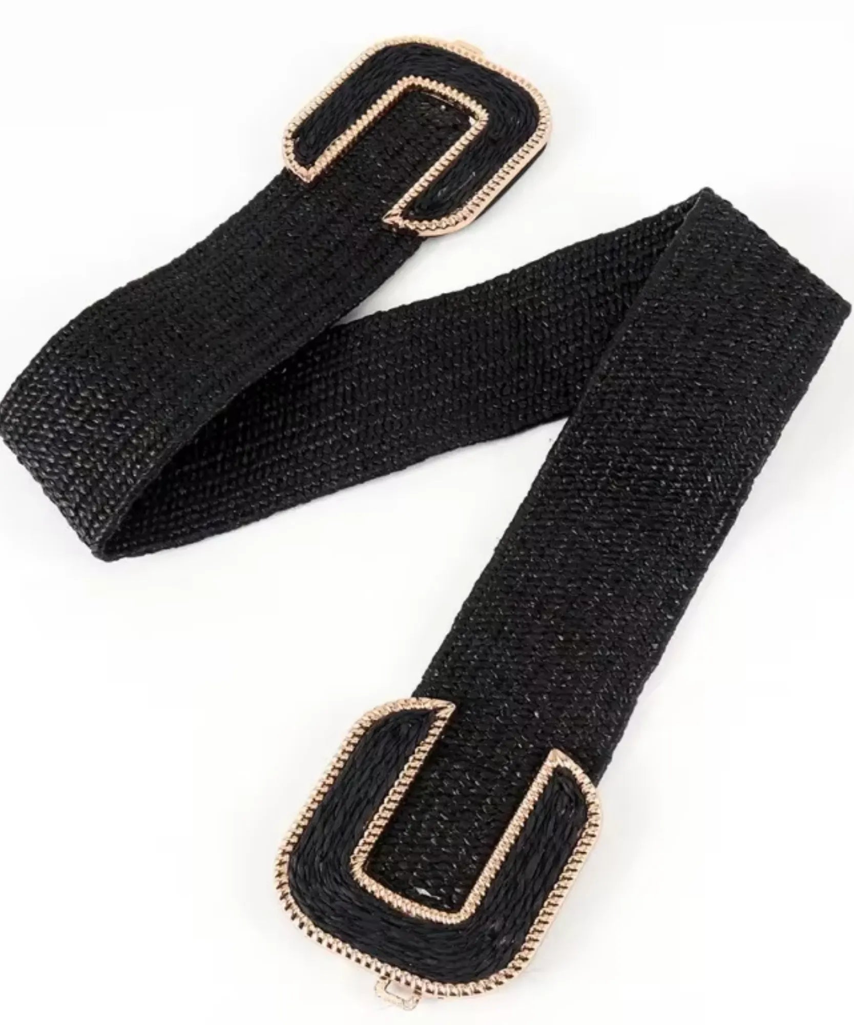 Women's wide woven-look elastic belt in black, side view