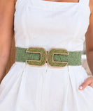 Women's wide elastic belt in sage green with gold-trimmed double buckle