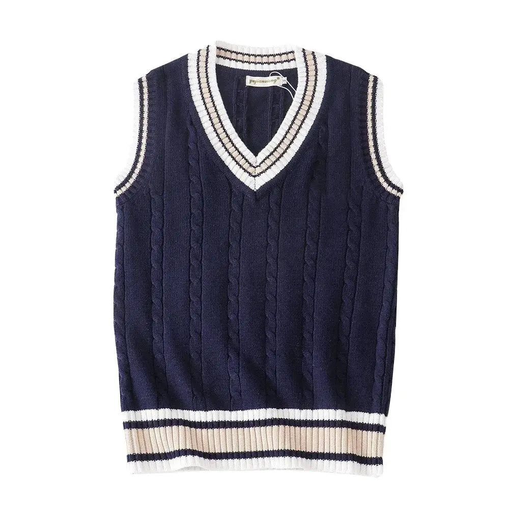 Navy cable knit varsity sweater vest with ivory and tan stripes, flat lay