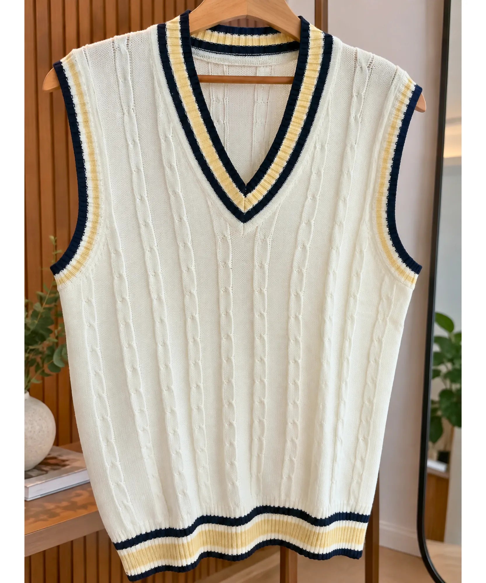 Ivory cable knit varsity sweater vest with navy and tan stripes on a hanger