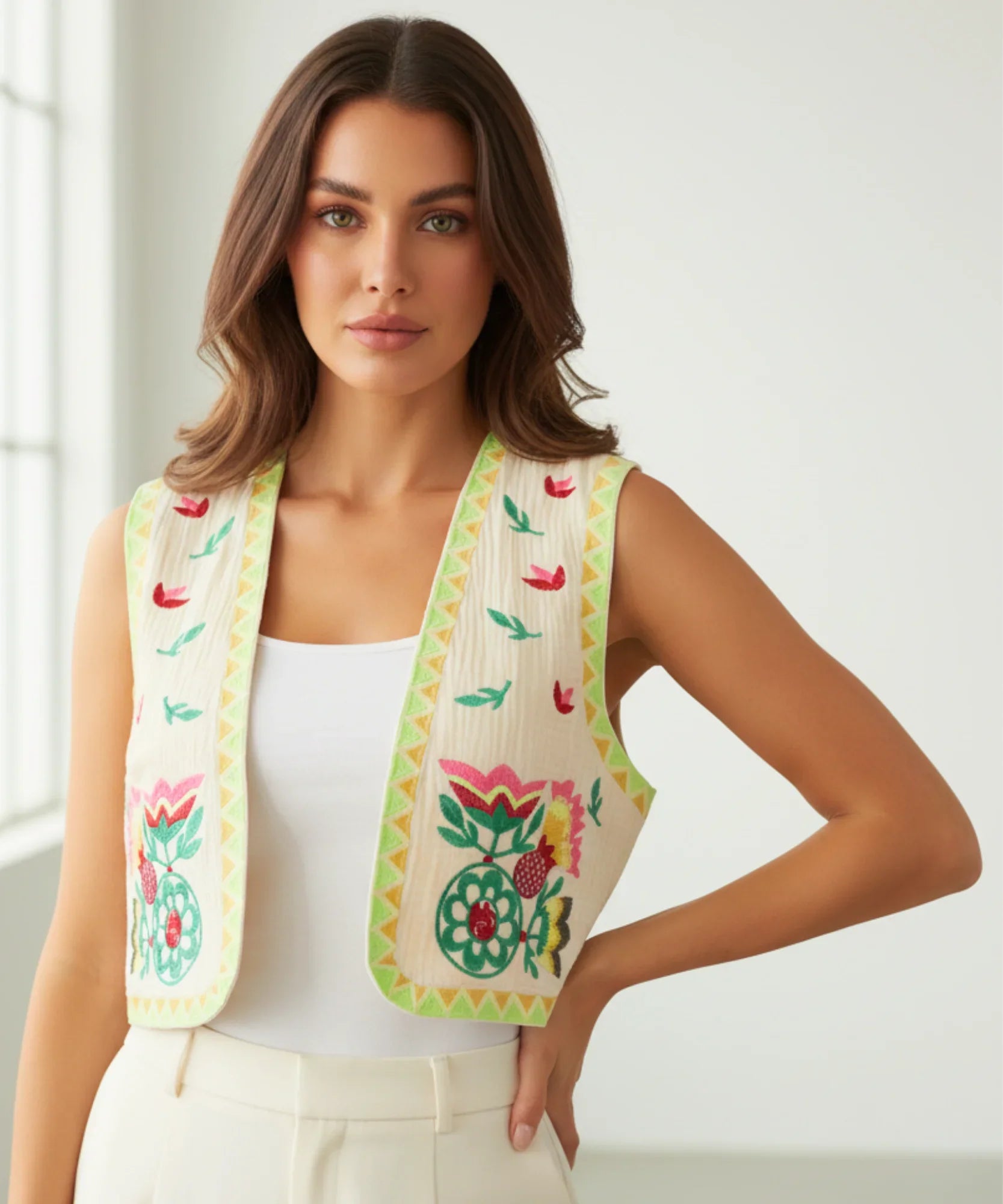 Women's floral embroidered cropped vest in beige, front view