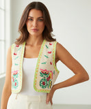 Women's floral embroidered cropped vest in beige, front view