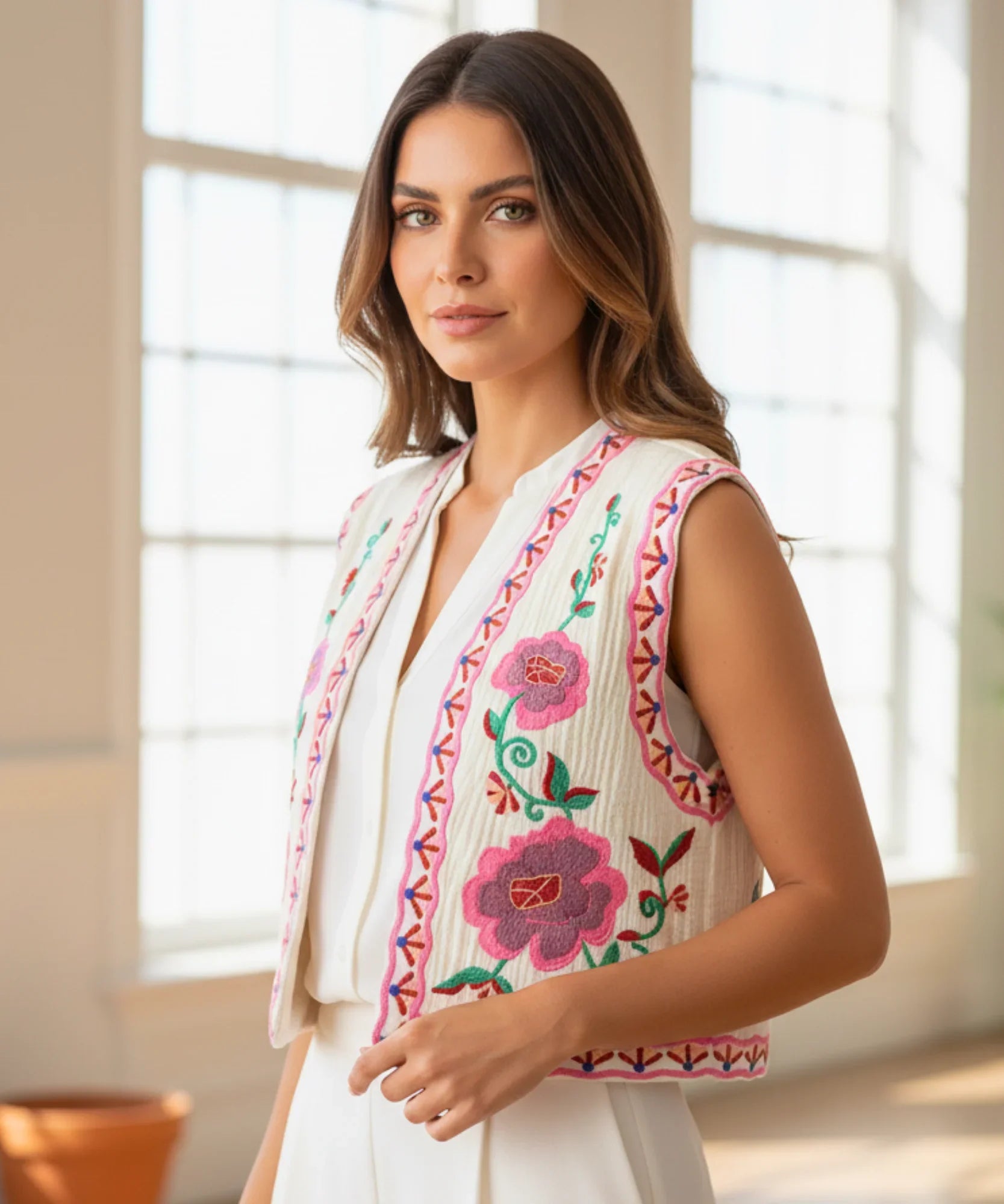 Women's floral embroidered cropped vest in pink, side view