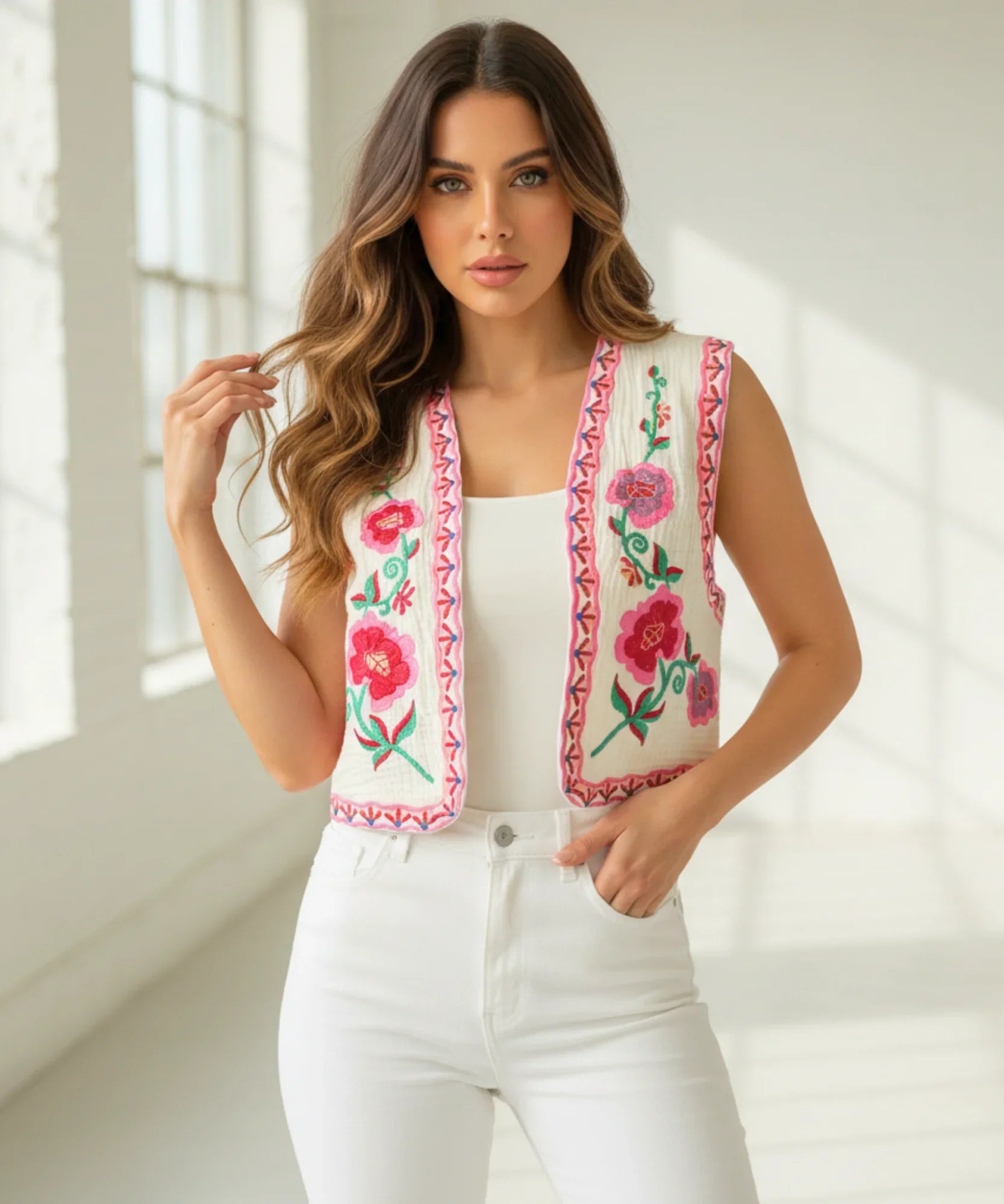 Women's floral embroidered cropped vest in pink, styled with white pants
