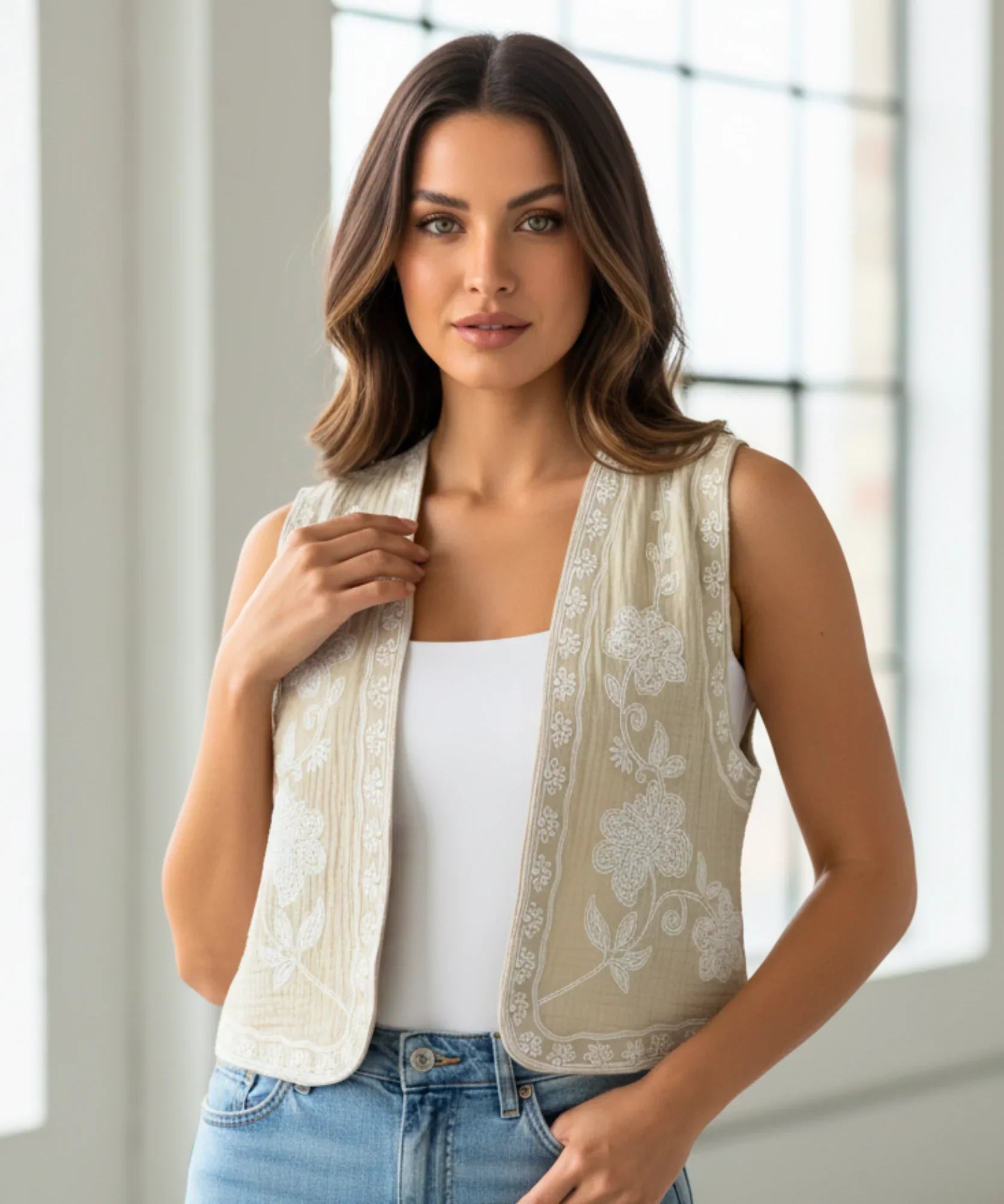 Women's floral embroidered cropped vest in champagne, front view
