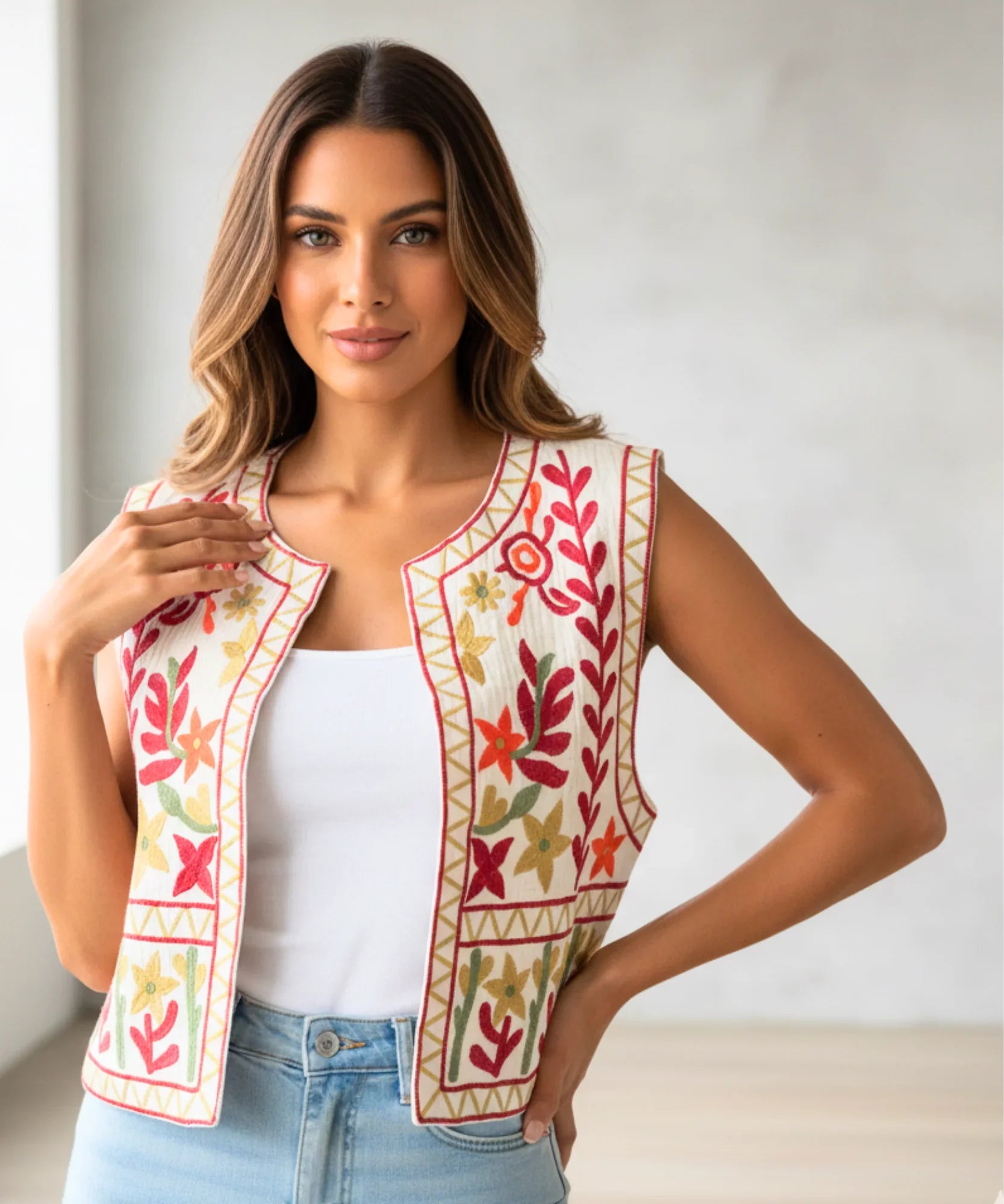Women's floral embroidered cropped vest in red, front view