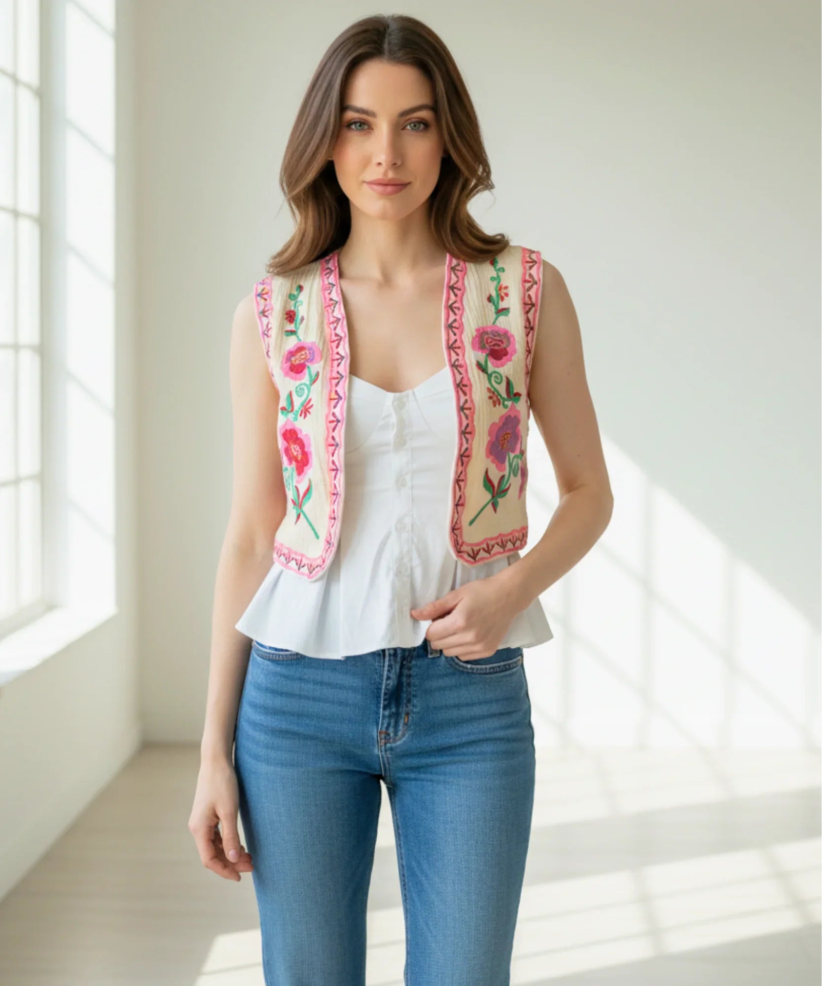 Women's floral embroidered cropped vest in red, styled with jeans